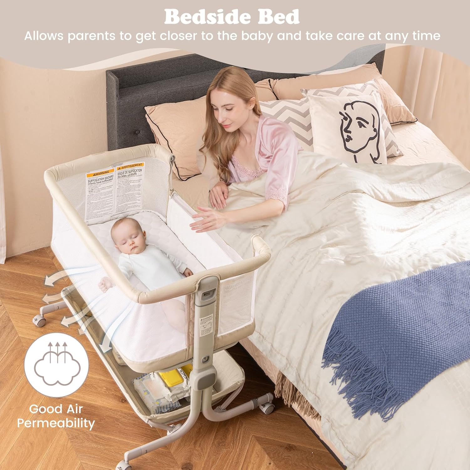 HONEY JOY Baby Bassinet Bedside Sleeper, Easy Folding Portable Crib for Baby with Wheels, 6 Adjustable Heights, Storage, Mattress & Carry Bag, Bed Side Bassinet for Infant Newborn (Beige)