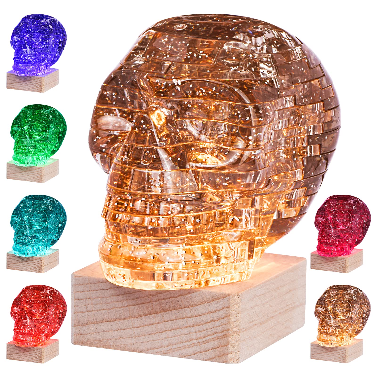 3D Skull Crystal Puzzle, Skull Assembly Brain Teaser with Light-Up Wood Base for Halloween Decorations Outdoor, Plastic Skull DIY Puzzle Blocks 3D
