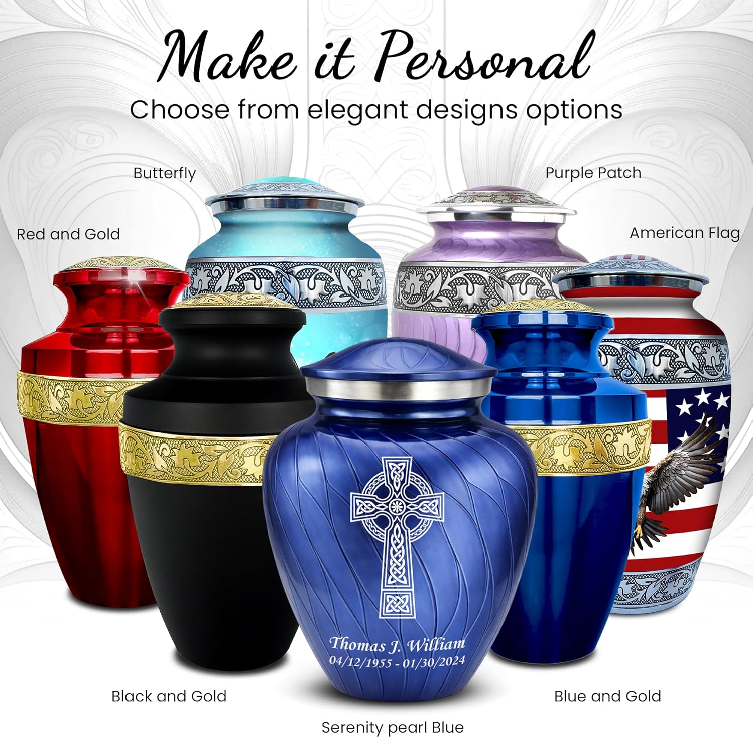 Set of 6 Serenity Custom/Personalized Engraved Decorative Urns for Human Ashes for Female and Male Includes 1 Large Urn with 4 Small Keepsakes & 1 Silver Necklace - Pearl Cobalt Blue Celtic Cross