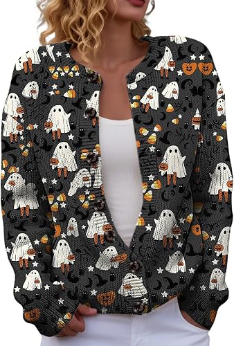 Halloween Sweaters for Women Button Down Long Sleeve Knit Cardigans