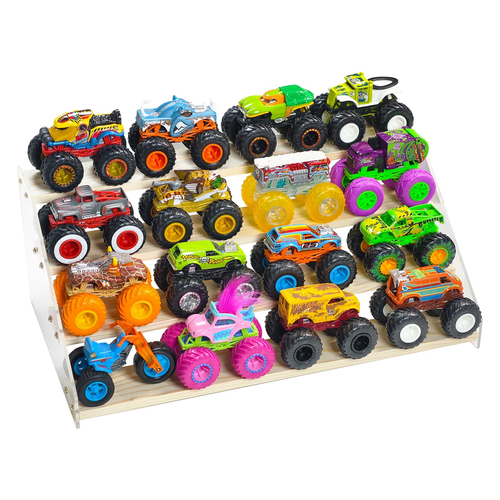 AAiphuwew Display Case for Monster Trucks Storage Toy Cars Organizer Shelf, 4 Tiers Wooden Monster Truck Display Risers Shelf for Toy Cars