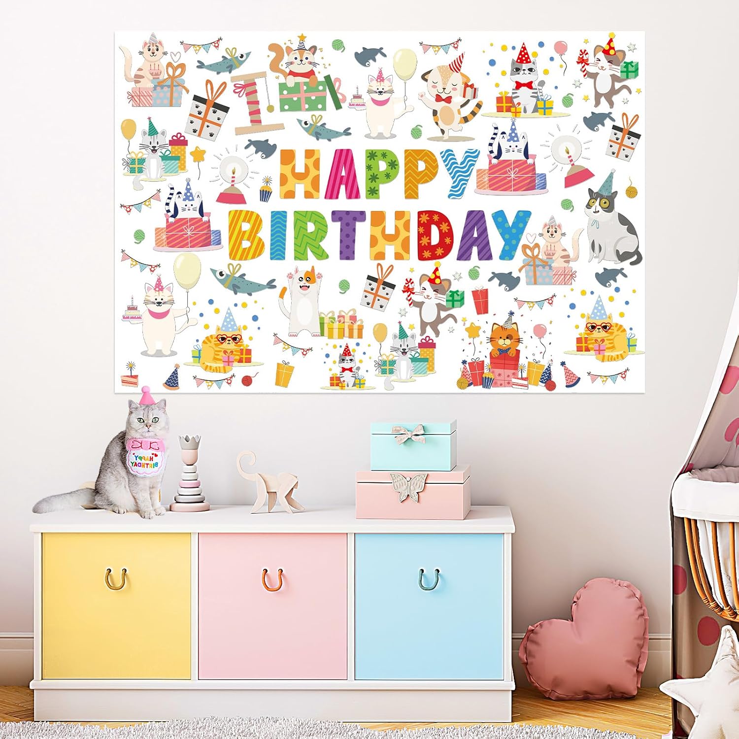 Cat Happy Birthday Coloring Poster for Kids, 43.3 x 29.5 Inch Giant Animal Birthday Coloring Sheets Happy Birthday Coloring Tablecloth DIY Painting Craft for Wall Classroom Home Bday Party Decoration