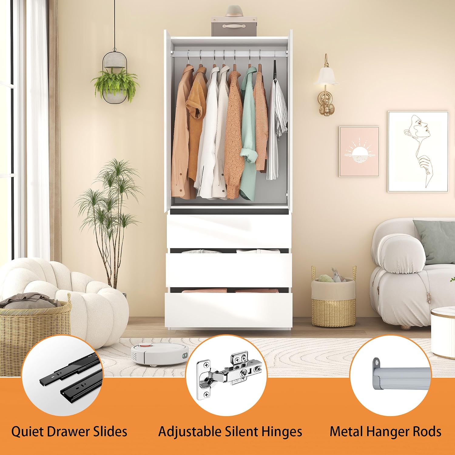 Armoire Wardrobe Closet with Drawers：75" Large White Wardrobe Closet Cabinet with 2 Doors for Hanging Clothes, Modern Wooden Bedroom Armoires with 3 Drawers and Storage (B-Style, 31.5")