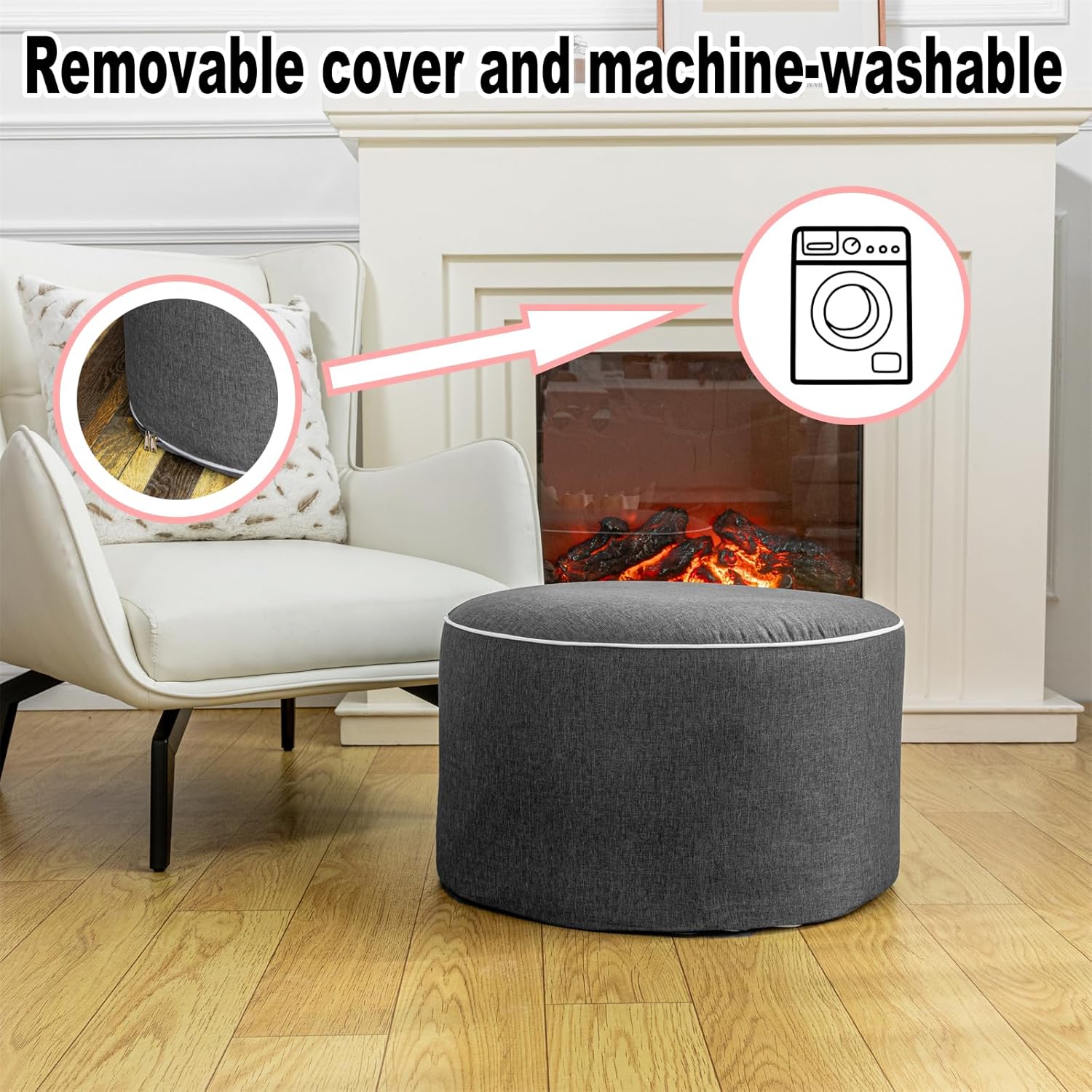 Outdoor Indoor Foam Stuffed Ottoman All Weather Waterproof Round Ottoman Footrest Stool D20x H12 Inches Boho Foot Rest for Patio Living Room Porch Outdoor Seating Garden Camping Dark Gray