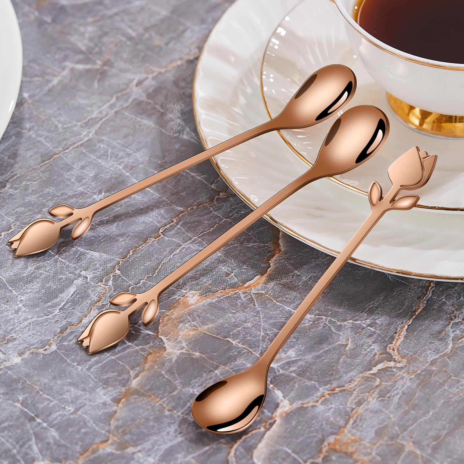 Juego de 12 mini cucharas de café con mango de tulipán de oro rosa, acero inoxidable de 6 pulgadas para espresso, té, postre, ideal para demitasse y porciones pequeñas