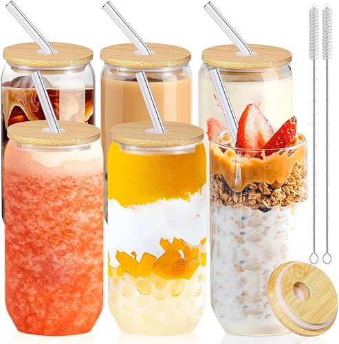 Juego de 6 piezas vasos para beber con tapas de bambú y popote de cristal, vasos de vidrio en forma de lata, vasos de cerveza, vasos lindos vasos,