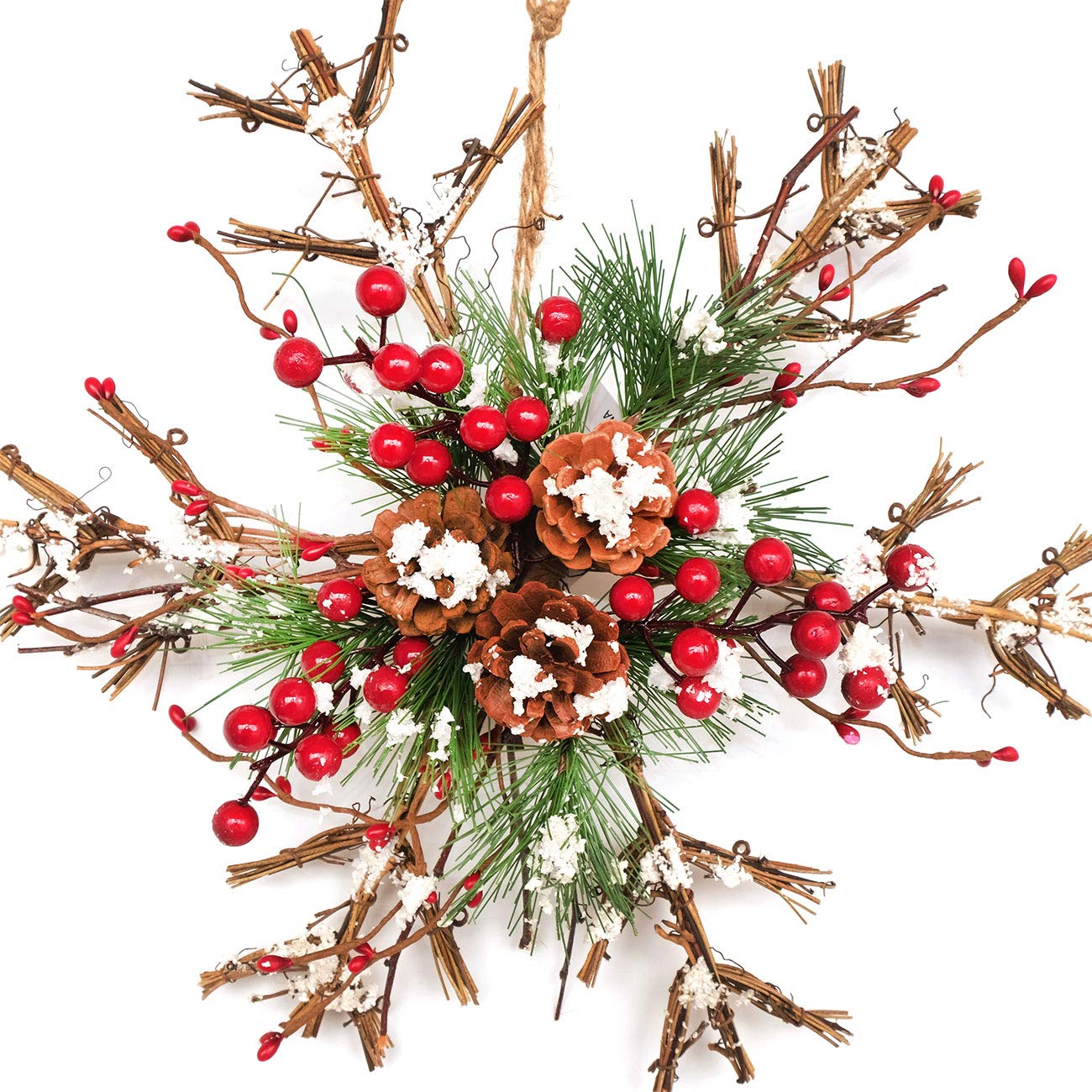 Photo 1 of 2 pack Bibelot Natural Rattan Snowflake Hanging Sign Christmas Ornaments with Red Berry Pinecones Winter Farmhouse Rustic Decor for Home Outdoor Indoor Wall Front Door Decor