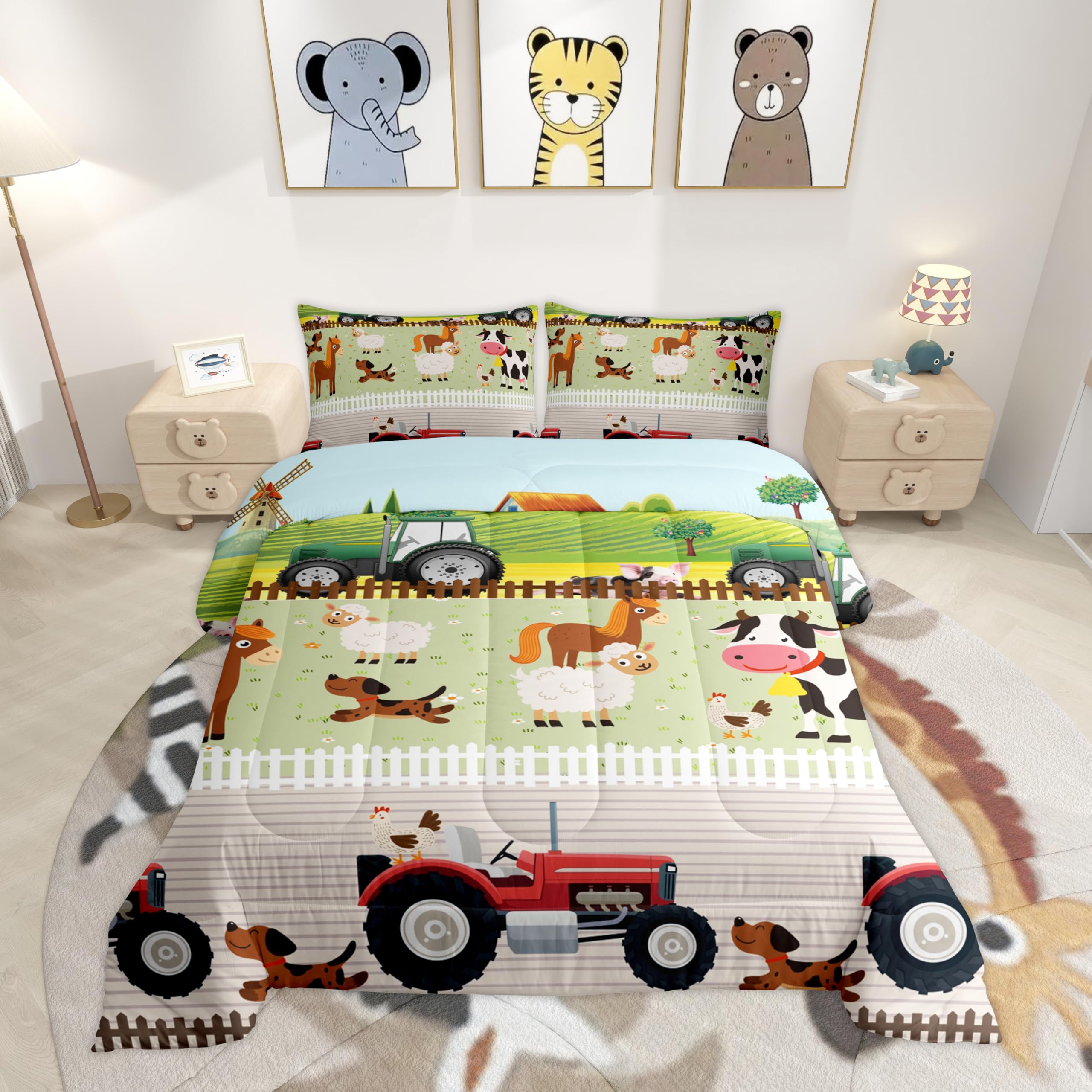 Tractor Bedding Sets for Boys Queen Size Toddler Kids Cute Cartoon Farm Animals Comforter Set Girls Children Farmhouse Country Down Comforter for All Season Colorful Room Decor Nature Theme Duvet Set
