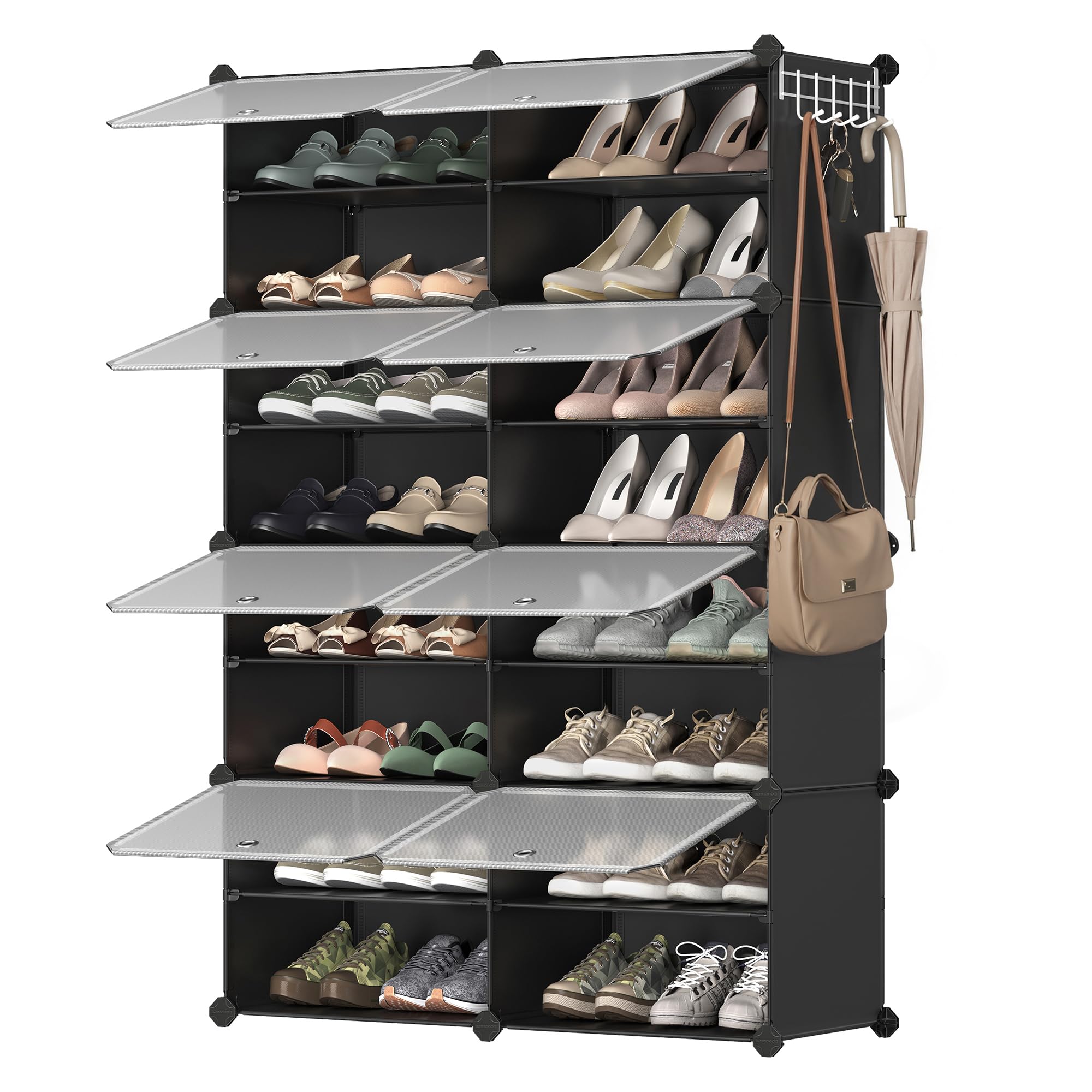SONGMICS Shoe Rack Organizer, 8-Tier Shoe Storage Cabinet for Closet and Entryway, Holds 32 Pairs of Shoes, Adjustable, Ink Black and Trasparent ULPC034B01 8 Cubes Ink Black + Trasparent