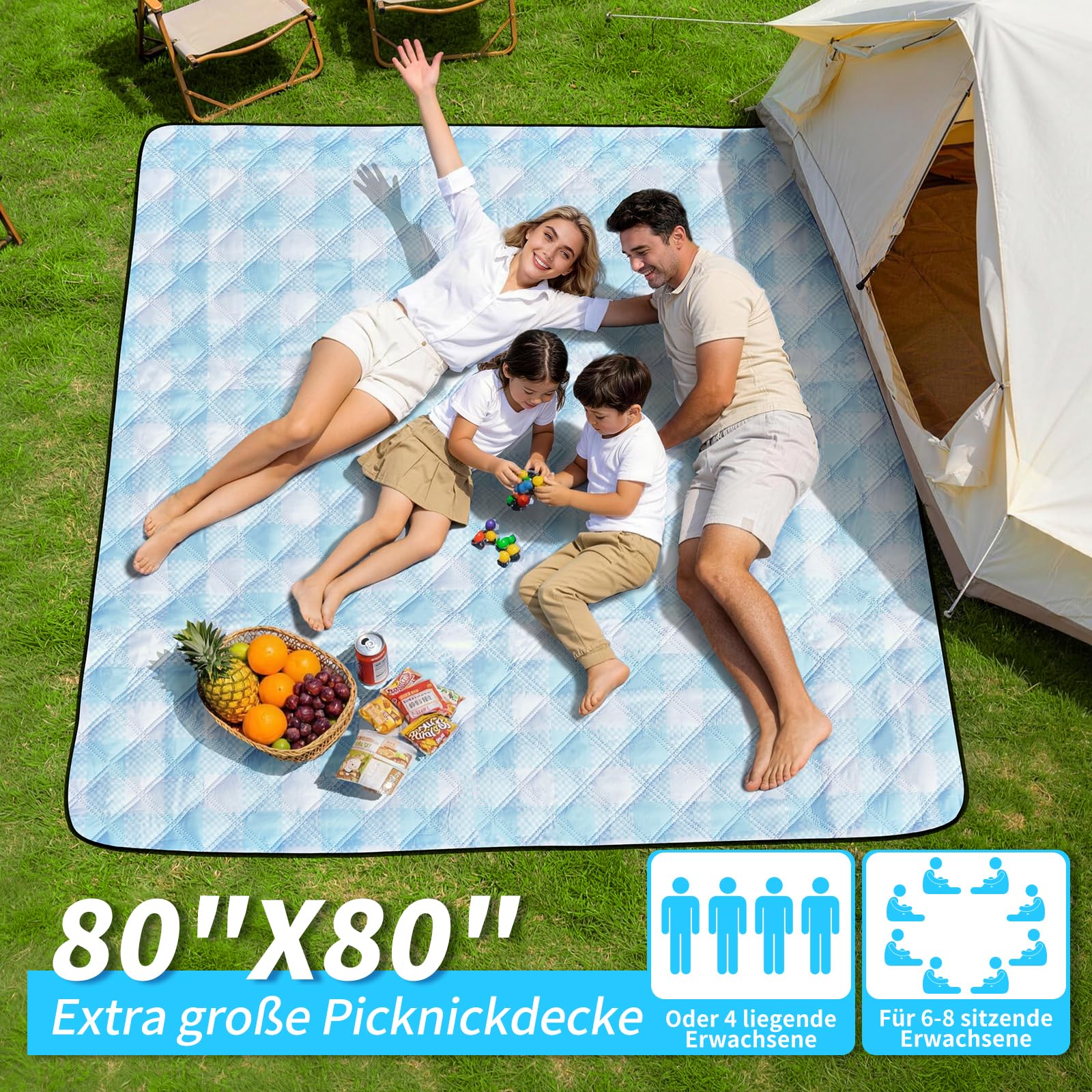 sapsisel wasserdichte Picknickdecke für 6-8 Erwachsene, Extra große Stranddecke, Picknickmatte für Camping, Strand, Wiese und Park, Blau kariert 200 x 200 cm