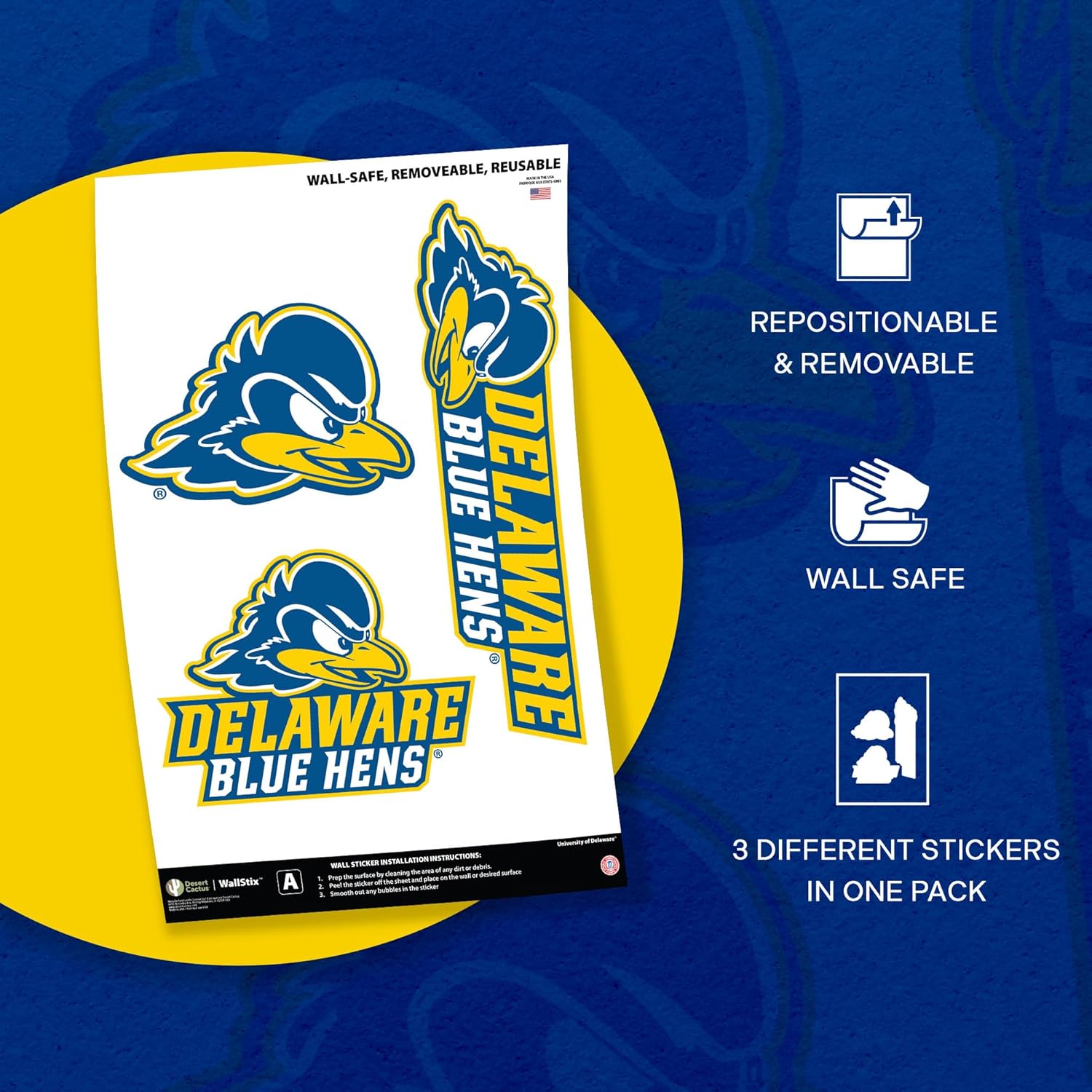 Desert Cactus University of Delaware WallStix Fightin Blue Hens UD Removable Wall Sticker 11x17 Vinyl Decal Indoor Outdoor Use (Design A)