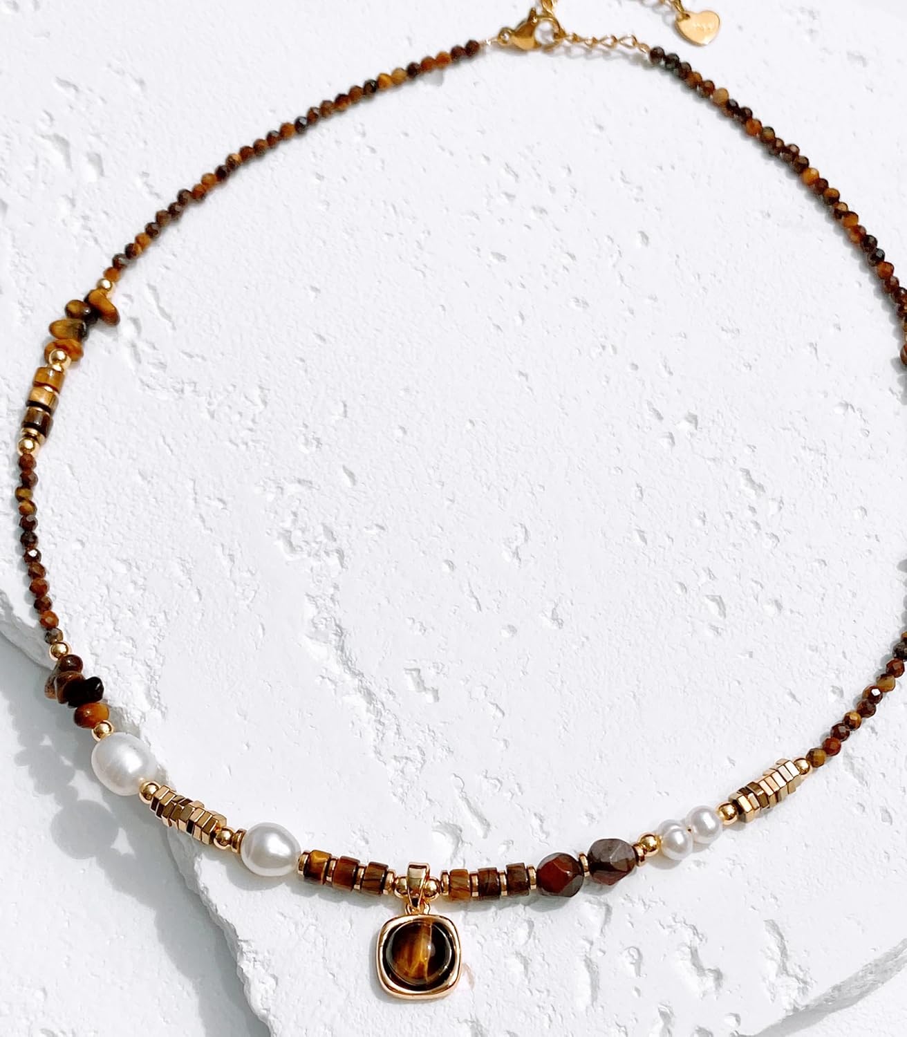OZEL JEWELRY & GIFT - Gold-Plated Stainless Steel Necklace for Women, Tiger Eye Pendant & Freshwater Pearl Beaded, Adjustable Length with Slide Detail, Handcrafted Jewelry