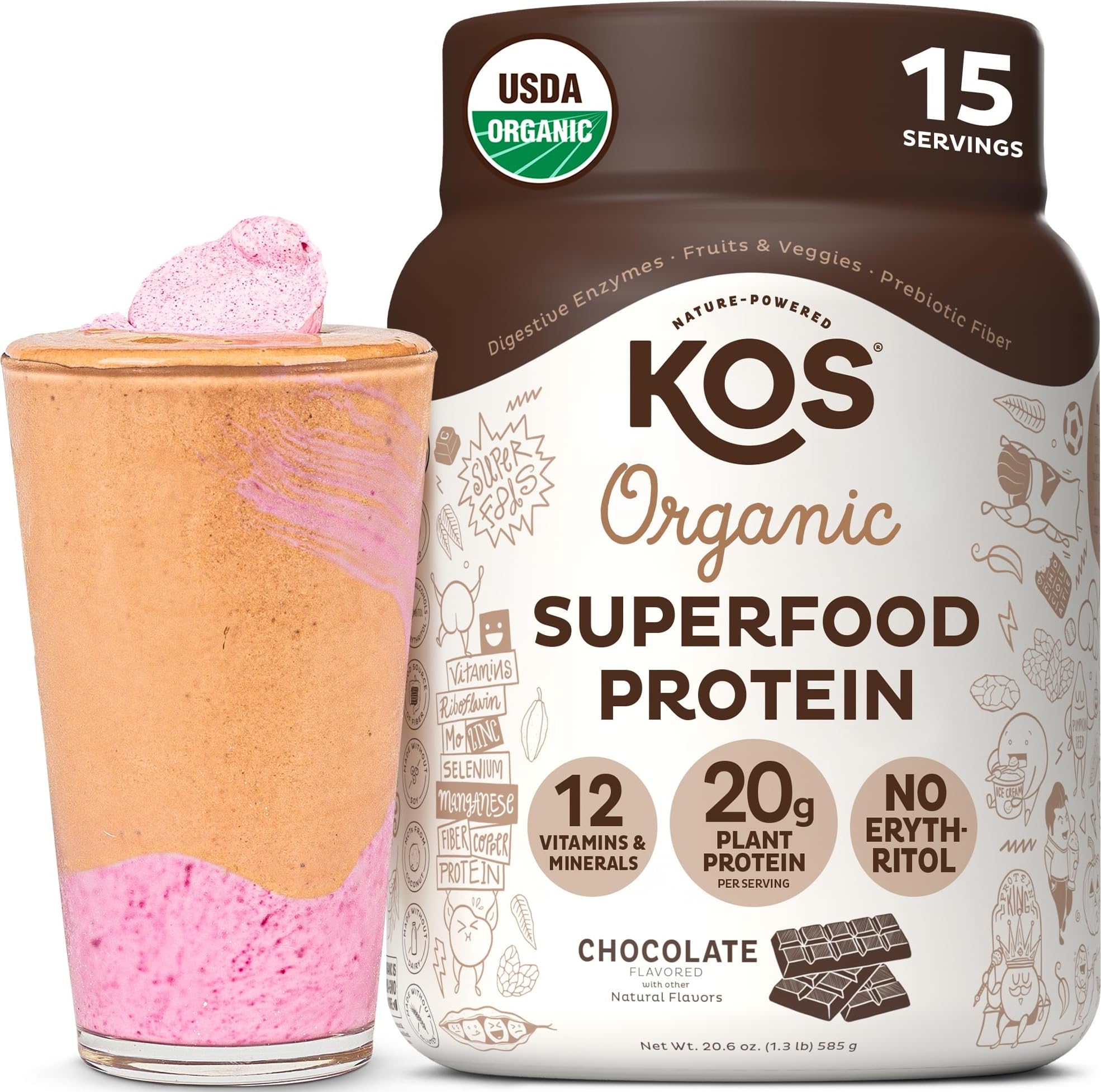 KOS Plant Based Protein Powder, Chocolate USDA Organic - Low Carb Pea Protein Blend, Vegan Superfood