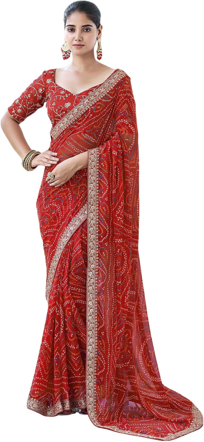 Women's Bandhani Printed Embroidery Lace Georgette Saree with Unstitched Blouse Piece