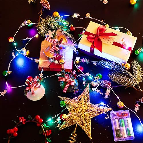 Miniatura 4 de Tira de luces LED decorativas de Navidad de 13 pies con forma de bola, 40 luces LED con estrella y campana, funciona con pilas, lámpara de alambre