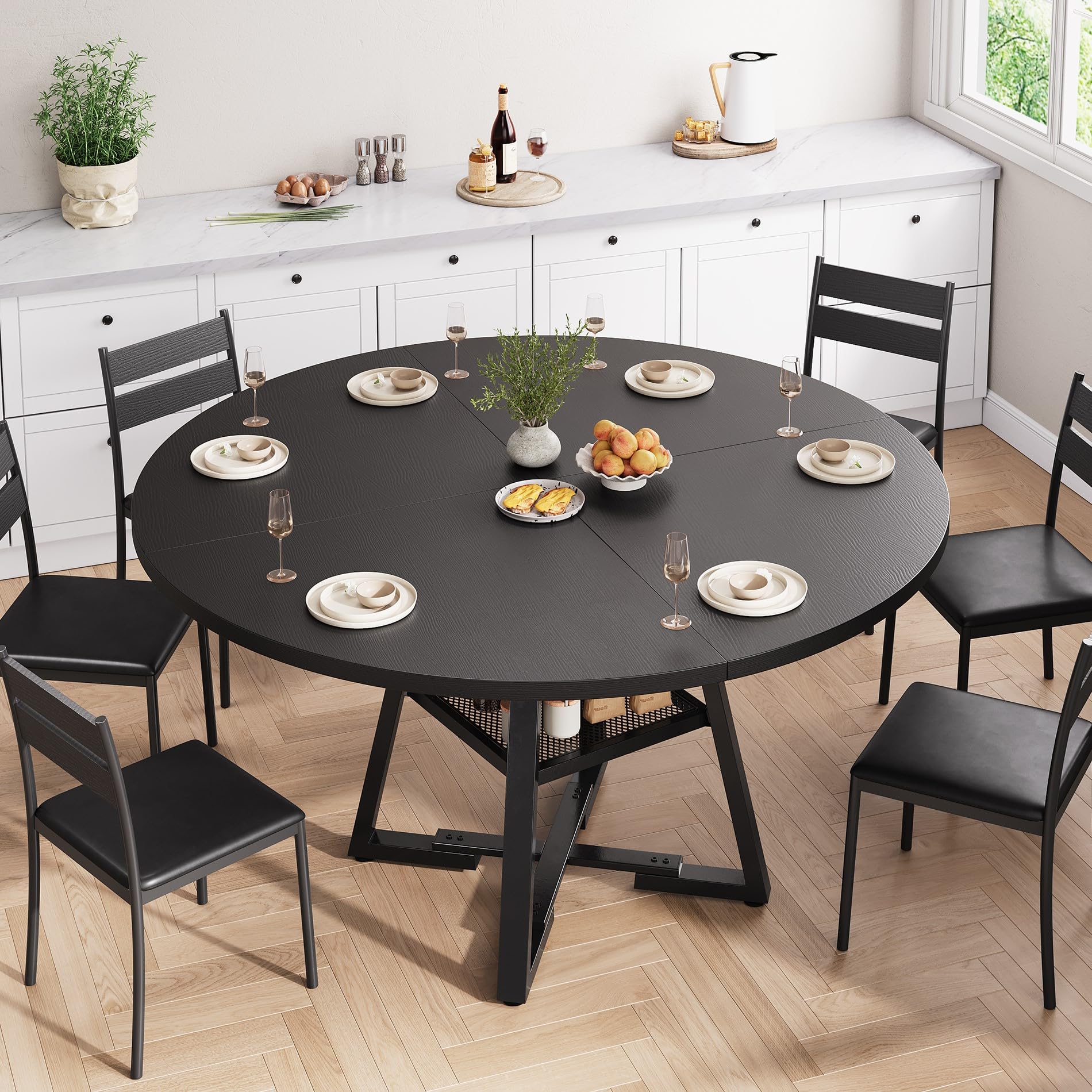 Jocoevol Esstisch Runder für 4-6 Personen, Esszimmertisch mit Ablage, platzsparender Küchentisch aus Holz im Industrial Design (Schwarz, 130x130x76cm)