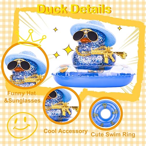 Car Rubber Duck Ornament Colorful Duck Car Dashboard Decorations with Mini Hat Swim Ring Necklace Sunglasses and Cool Accessory for Car Dashboard Home Decor(P-Pink Hat)