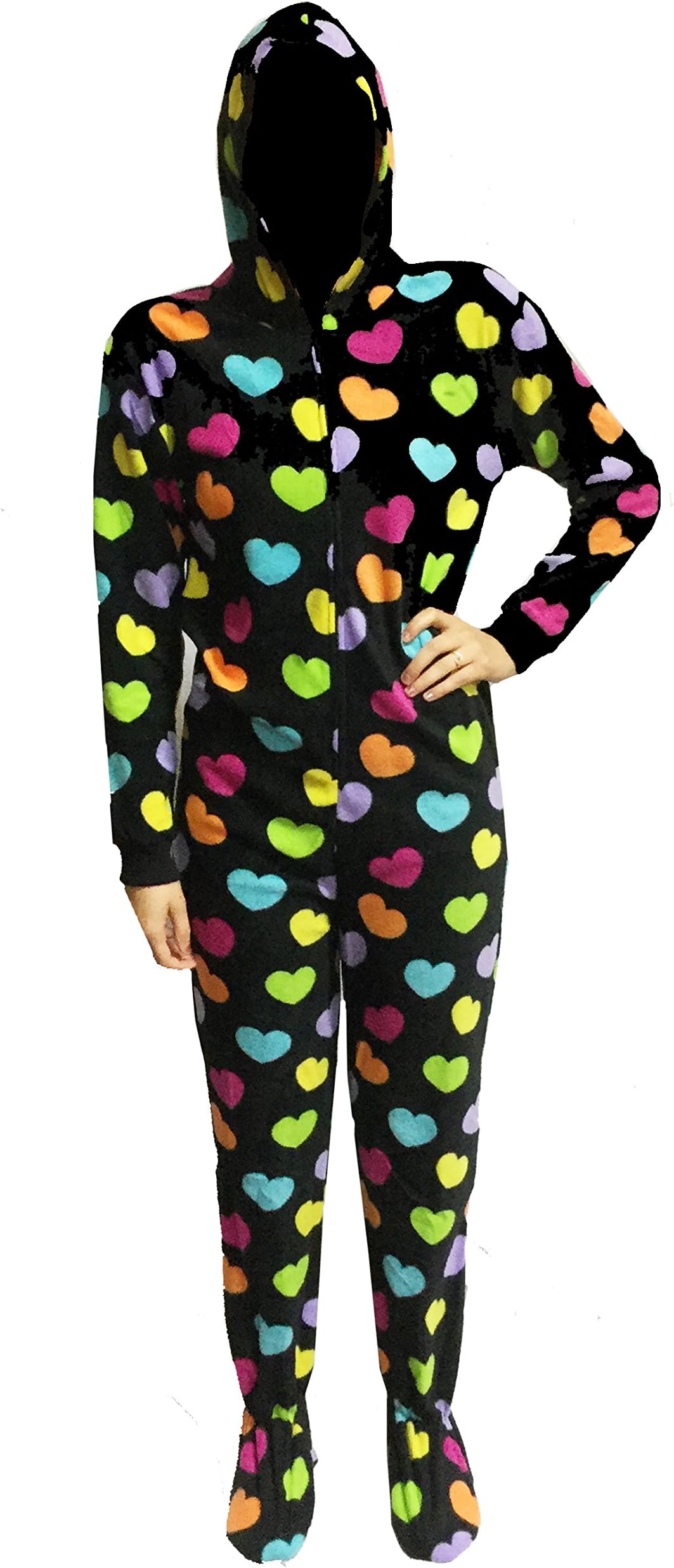 Fun Apparel Womens Fun Prints Footies Footed One Piece Pajamas with Hood, Hearts Goodnight, Medium