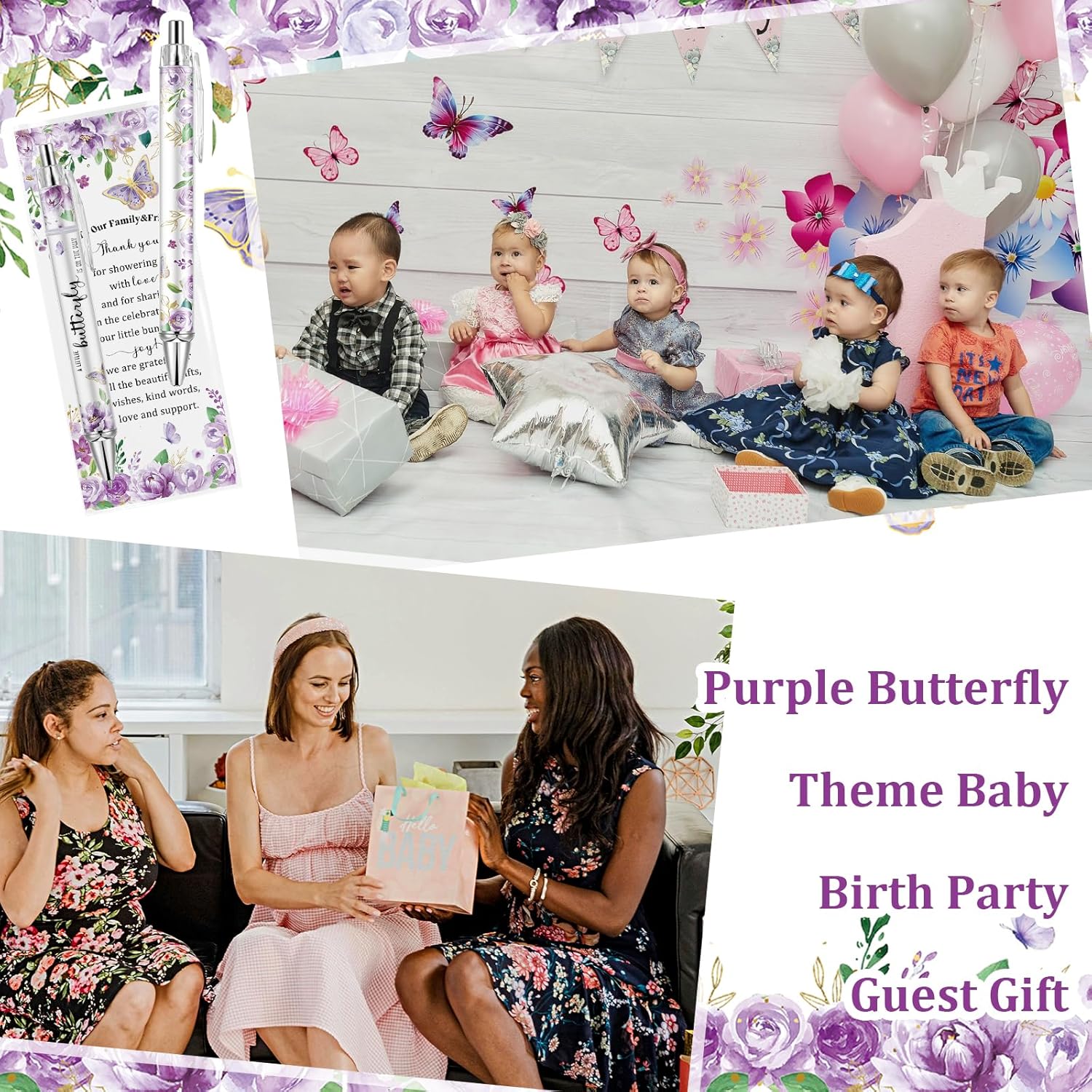 50 Sets Purple Butterfly Theme Baby Shower Favors for Guest, Gender Reveal Party pens, Baby Shower Pens with 50 Rolling Paper Ballpoint Pens and 50 Greeting Cards (Purple)
