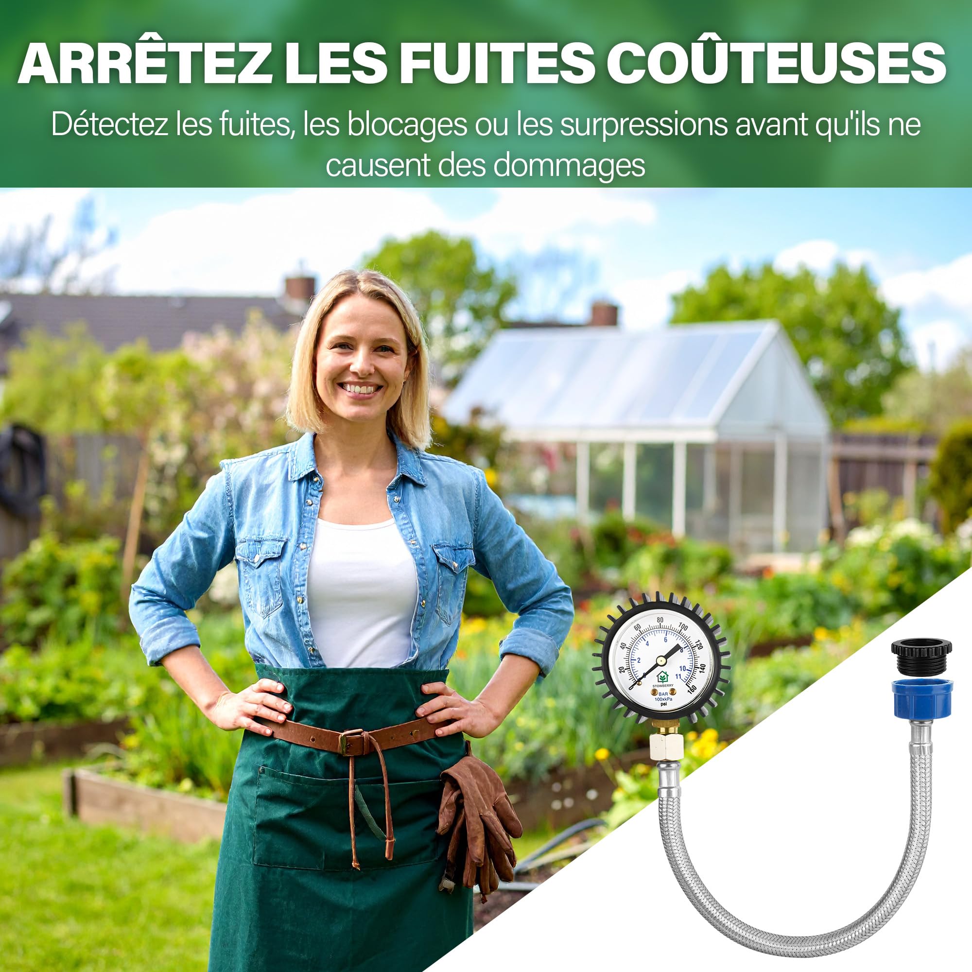 Manomètre de pression d'eau réseau 0-11 bar 0-160 PSI avec connecteur pour robinet de tuyau