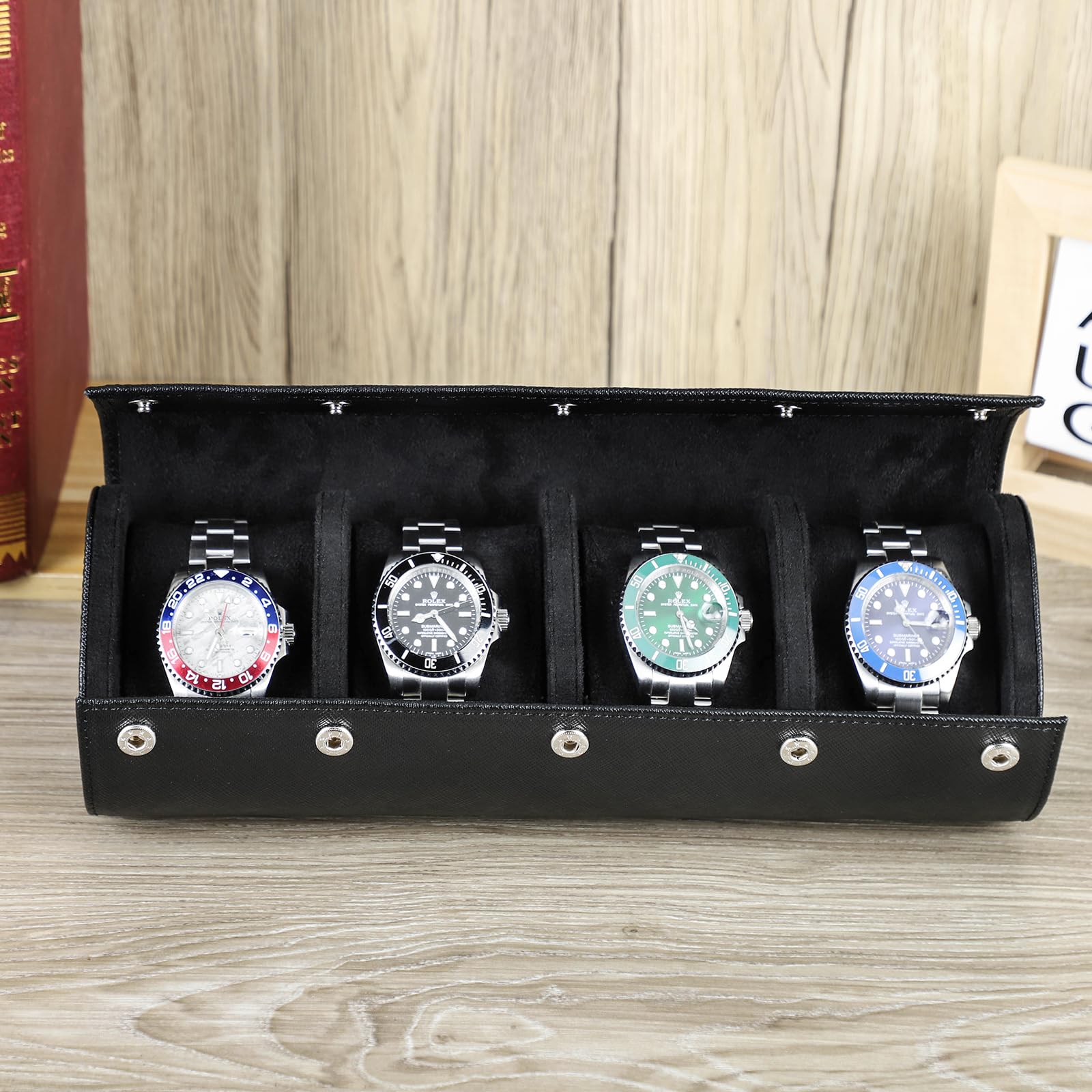 Hiram Custodia per Orologi Custodia da Viaggio per 4 Orologi Scatola Portaoggetti per Orologio da Viaggio in Vera Pelle Saffiano (Nero)