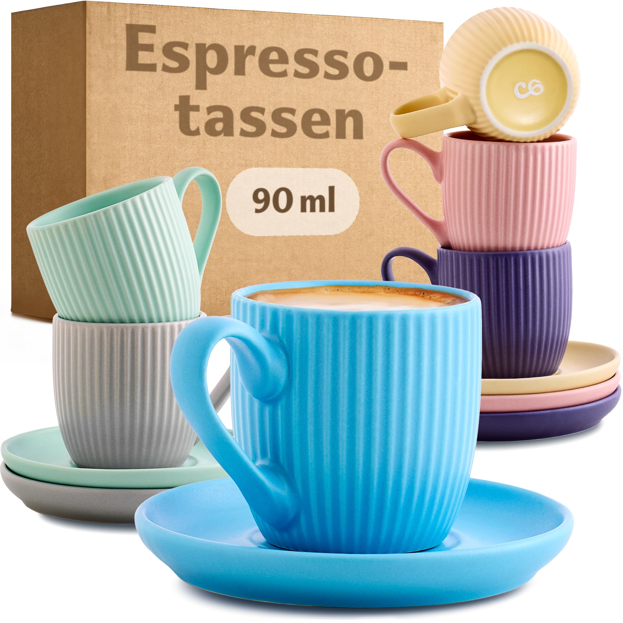 Cosumy Espressotassen Bunt mit Untertassen 6er Set Pastell - 90ml - Streifenmuster Keramik - Spülmaschinenfest -Mikrowellenfest - Moderne Mokkatassen Set