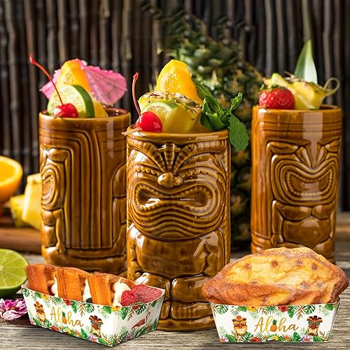 Miniatura 3 de Blulu Paquete de 50 bandejas de papel desechables para decoración de fiestas hawaianas, bandeja para nachos Aloha Nacho, soporte para alimentos,