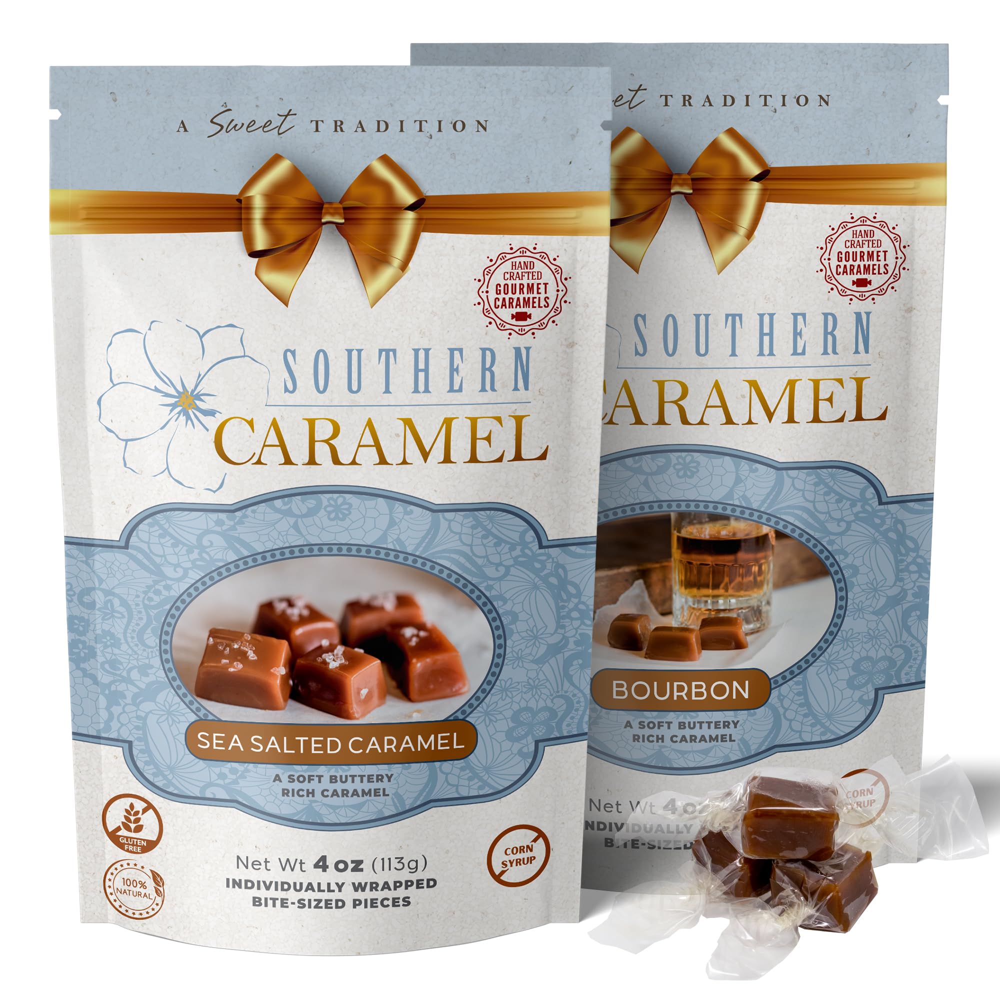 Southern Caramel Gourmet Caramel Bundle, Smooth Bourbon & Sea Salted Caramels, Rich, Buttery & Handcrafted, Small Batch, Gluten Free, No Corn Syrup,