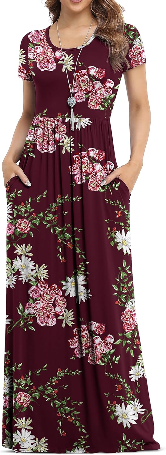 VIISHOW Women's Short Sleeve Floral Printed Dress Loose Plain Maxi Dresses Casual Long Dresses with Pockets(Floral Wine red S)