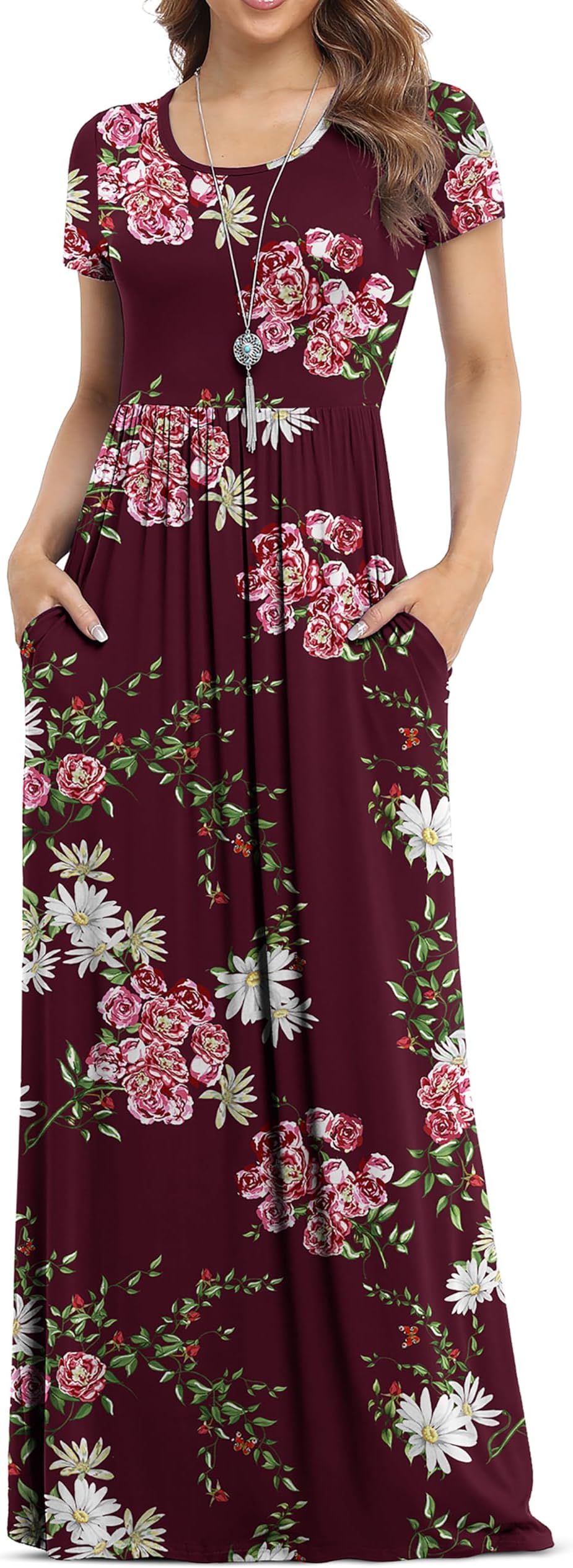 - Women's Short Sleeve Floral Printed Dress Loose Plain Maxi Dresses Casual Long Dresses with Pockets Plus Size(Floral Wine red 3XL)