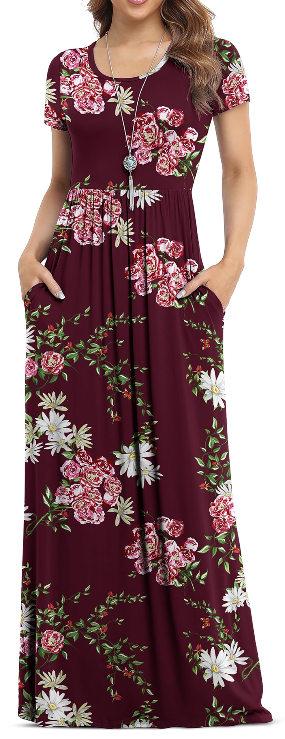 Women's Short Sleeve Floral Printed Dress Loose Plain Maxi Dresses Casual Long Dresses with Pockets Plus Size(Floral Wine red 3XL)