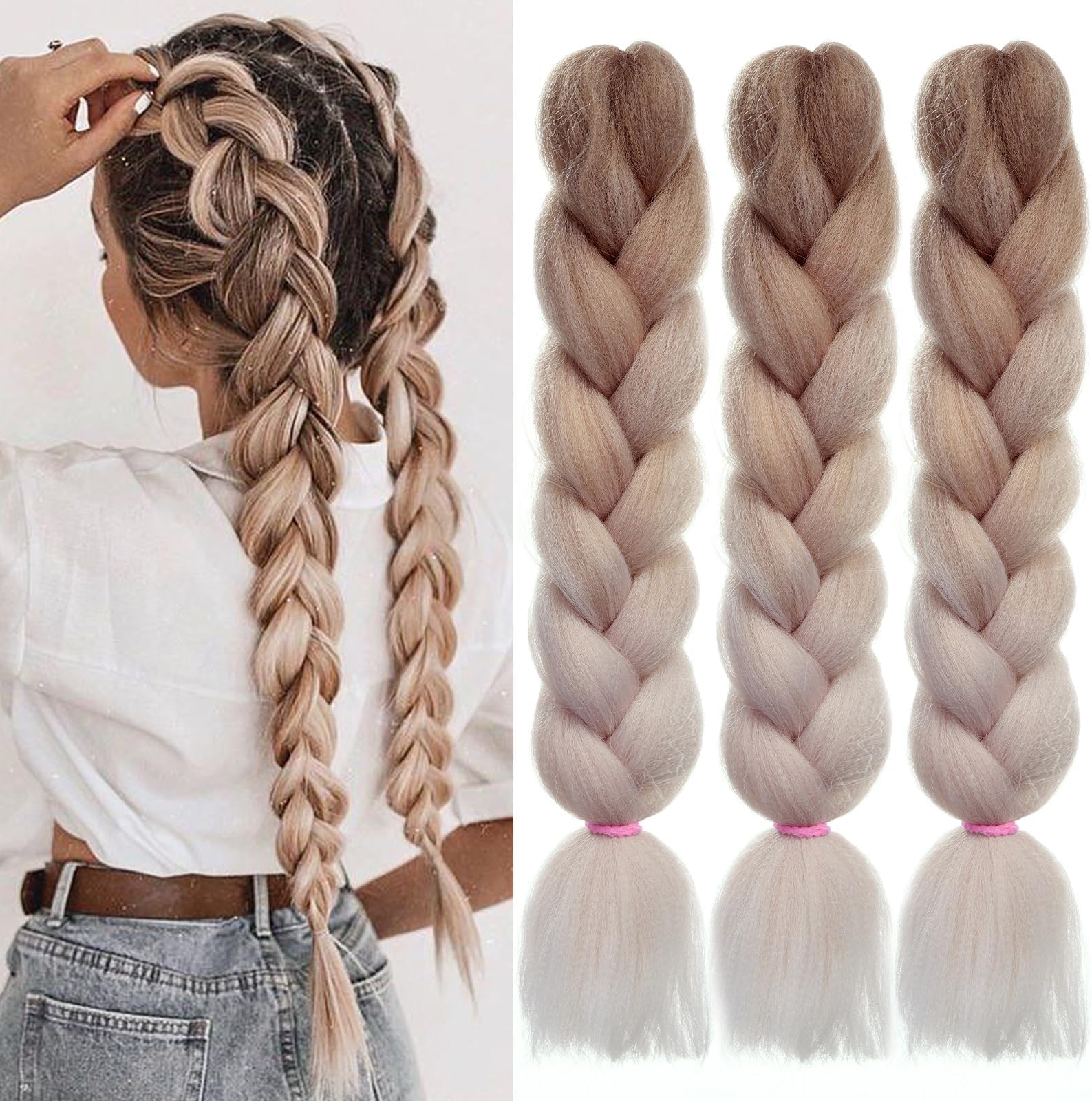 EMMOR 3 Pack Braided Hair Extensions 24 Inch Ombre Blonde Pre-Braided Plaits Jumbo Braiding Hair Synthetic Hair Extensions for Women Festival Ponytail Boho Hair
