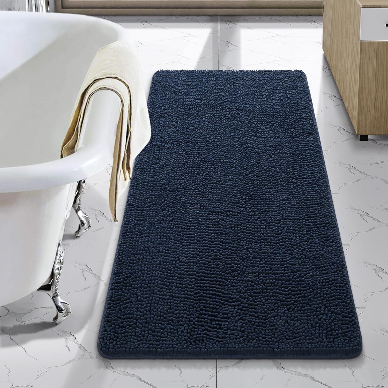 LOCHAS Luxury Bathroom Rug Shaggy Bath Mat 24 x 48 Inch, Washable Non Slip Bath Rugs for Bathroom Shower, Soft Plush Chenille Absorbent Carpets Mats, Navy Navy 2' x 4' (24''x48'')