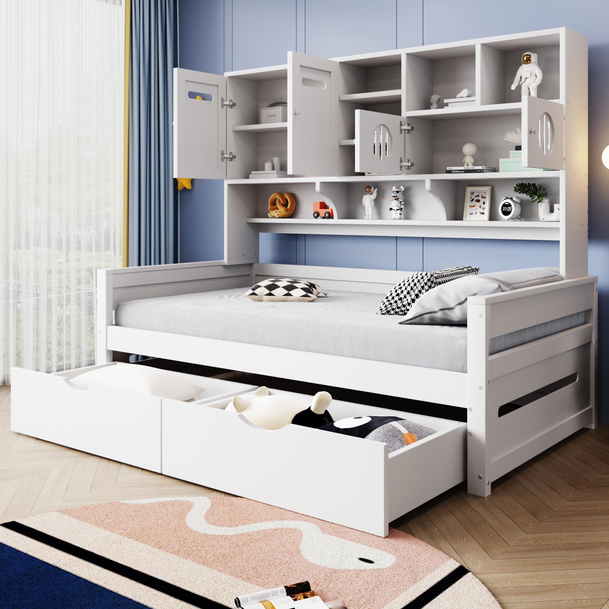 Sofá cama de madera, 90 x 200 cm, almacenamiento multifuncional, cama infantil, cajón grande, cama individual, cama juvenil, somier (sin colchón) (blanco)