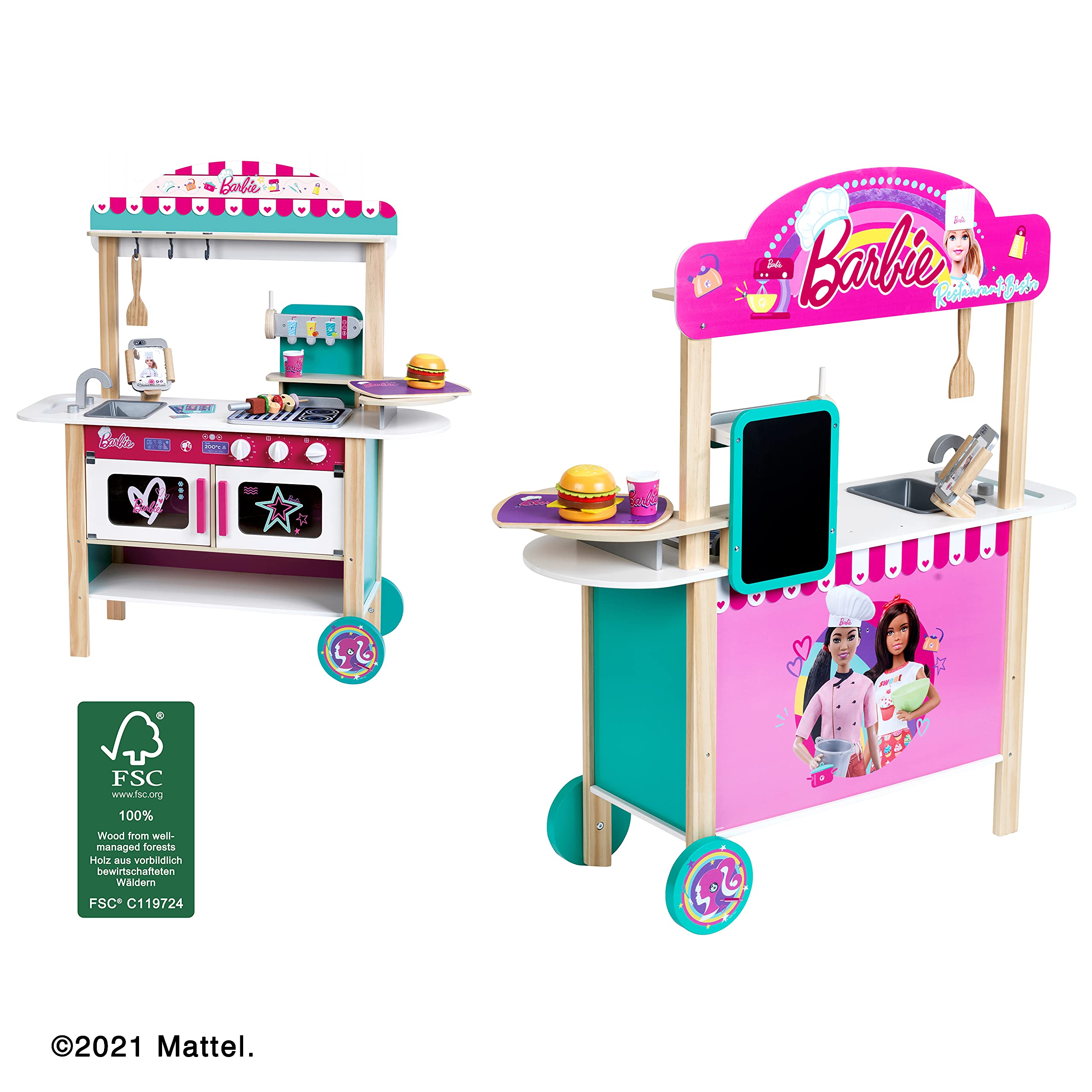 Theo Klein 7324 Ristorante Bistrò di Barbie in Legno (MDF), con Griglia, Forno e Frigorifero, Accessori da Bistrò Inclusi, Giocattolo per Bambini dai 3 Anni in su