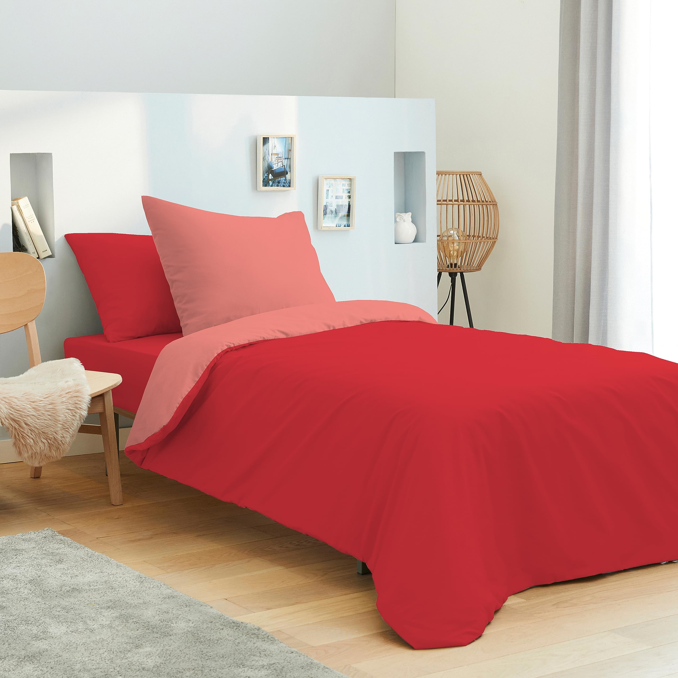 Housse de couette 140 x 200 cm bicolore avec ses taies en pur coton