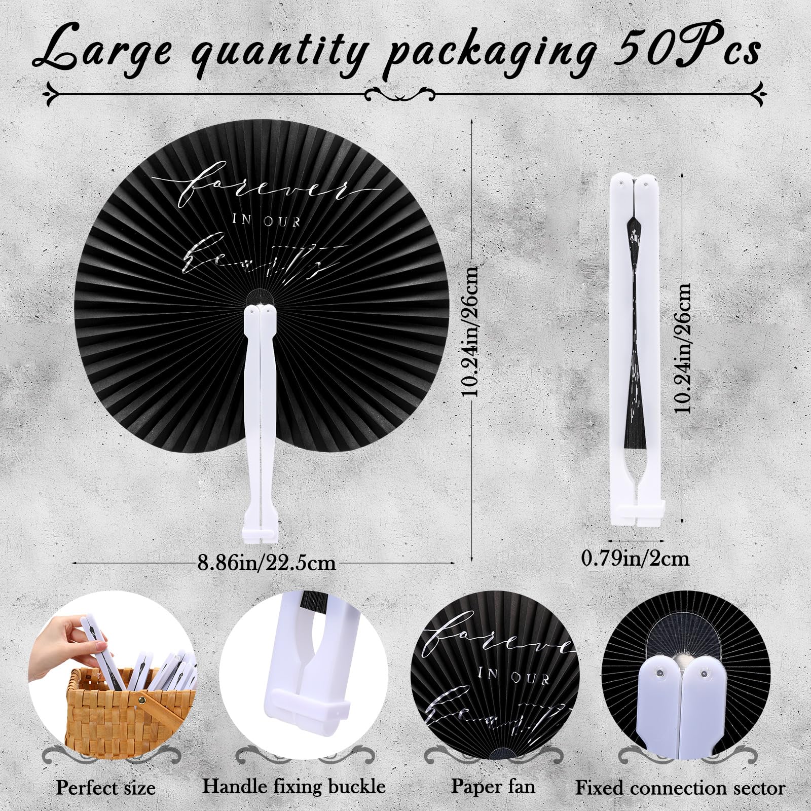 Roowest 50 Pcs Funeral Favors for Guests Forever in Our Hearts Black Funeral Fans Bulk Handheld Paper Hand Fans Memorial Funeral Gifts for Services Condolence Sympathy Accessories