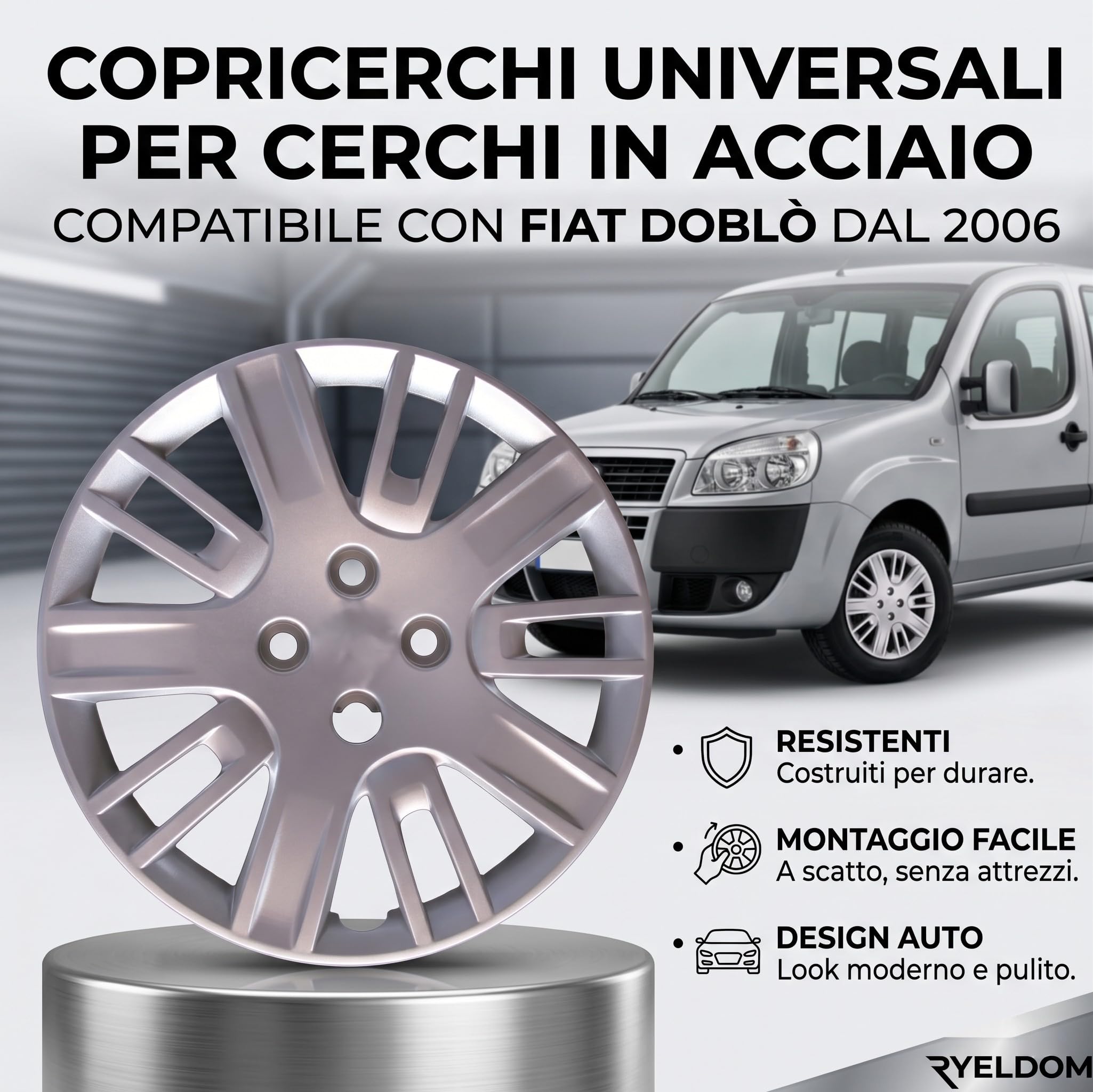RYELDOM Set 4 Coppe Ruota 15 Pollici per Fiat Doblò dal 2006, Copricerchi Universali per Cerchi in Acciaio, Resistenti, Montaggio Facile, Design Auto