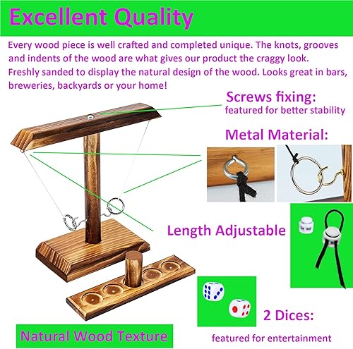 Miniatura 6 de Juego de lanzamiento de anillos para adultos y niños, juego de lanzamiento de anillos de madera de mesa para interiores y exteriores, 9.8 pulgadas