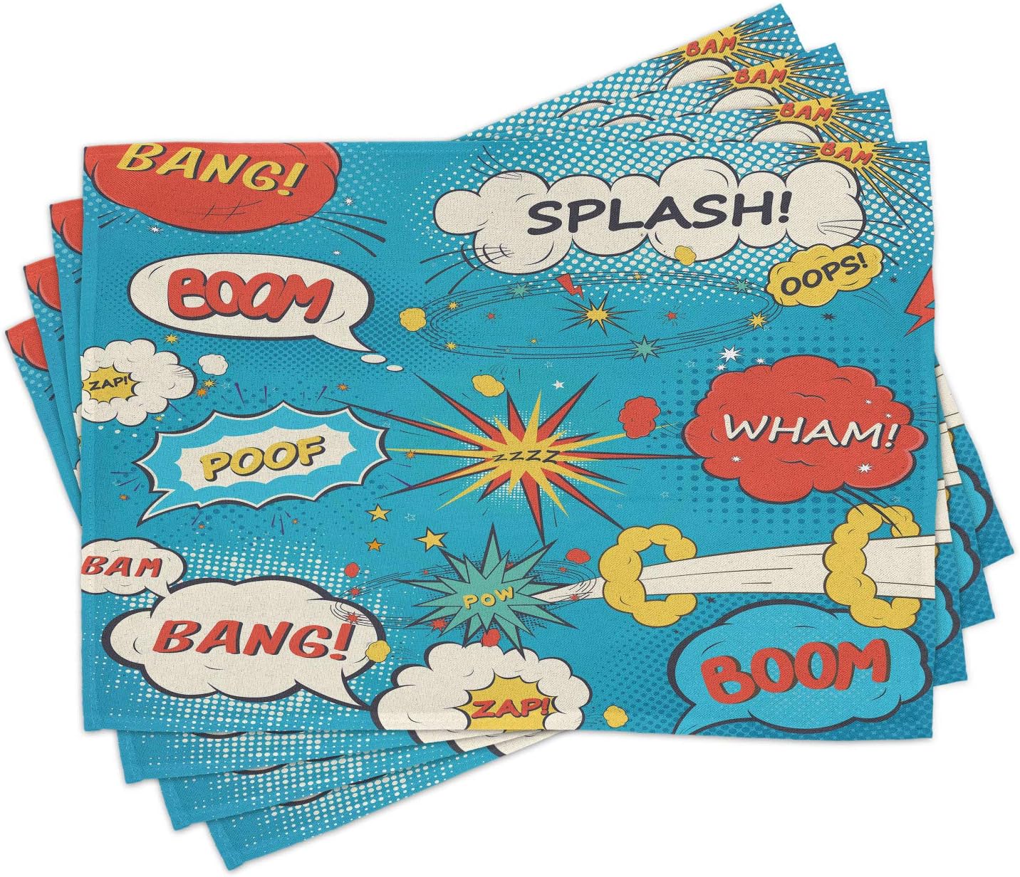 Lunarable Superhero Place Mats Set of 4, Pop Art Style Comic Speech Bubbles Funny Humor Expressions Boom Splash Bang, Washable Fabric Placemats for Dining Table, Standard Size, Cream Blue