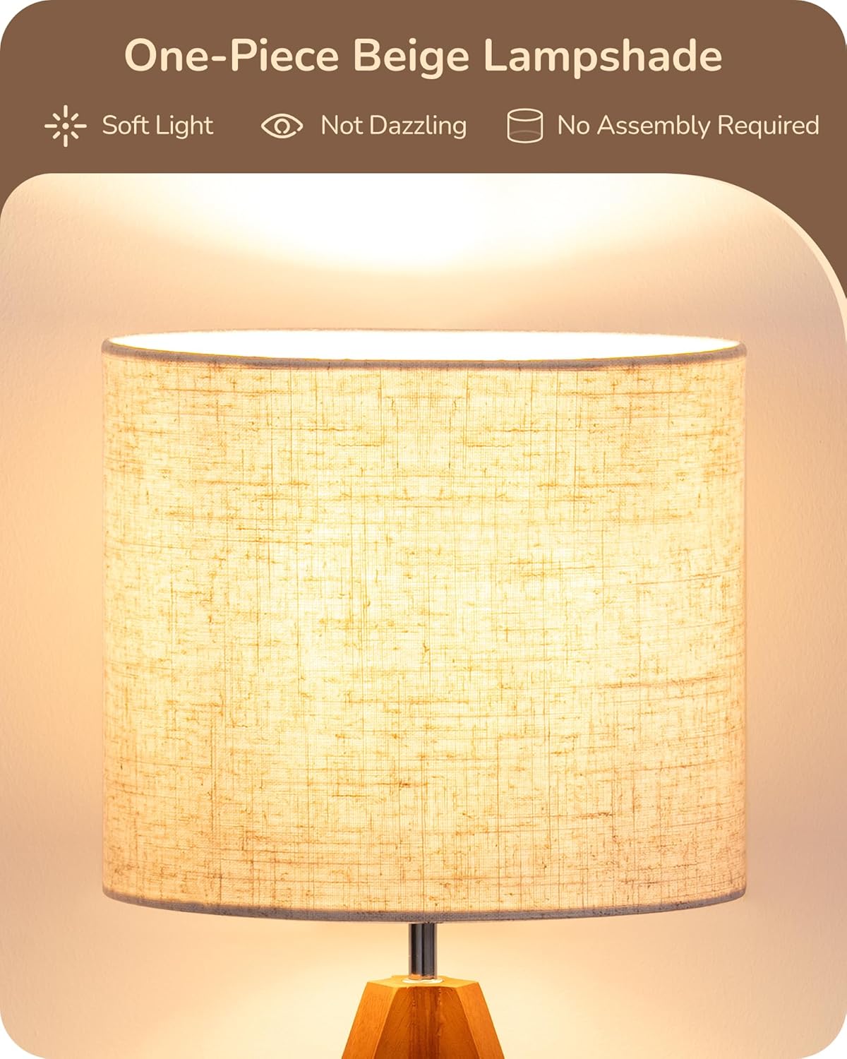 EDISHINE Tripod Table Lamp, Small Cute Bedside Lamp with Linen Beige Lampshade, Nightstand Lamp for Nursery, Bedroom, Kid Room, Living Room, Light Brown Wooden Base, E26 Socket, 14.2 Inch - Image 3