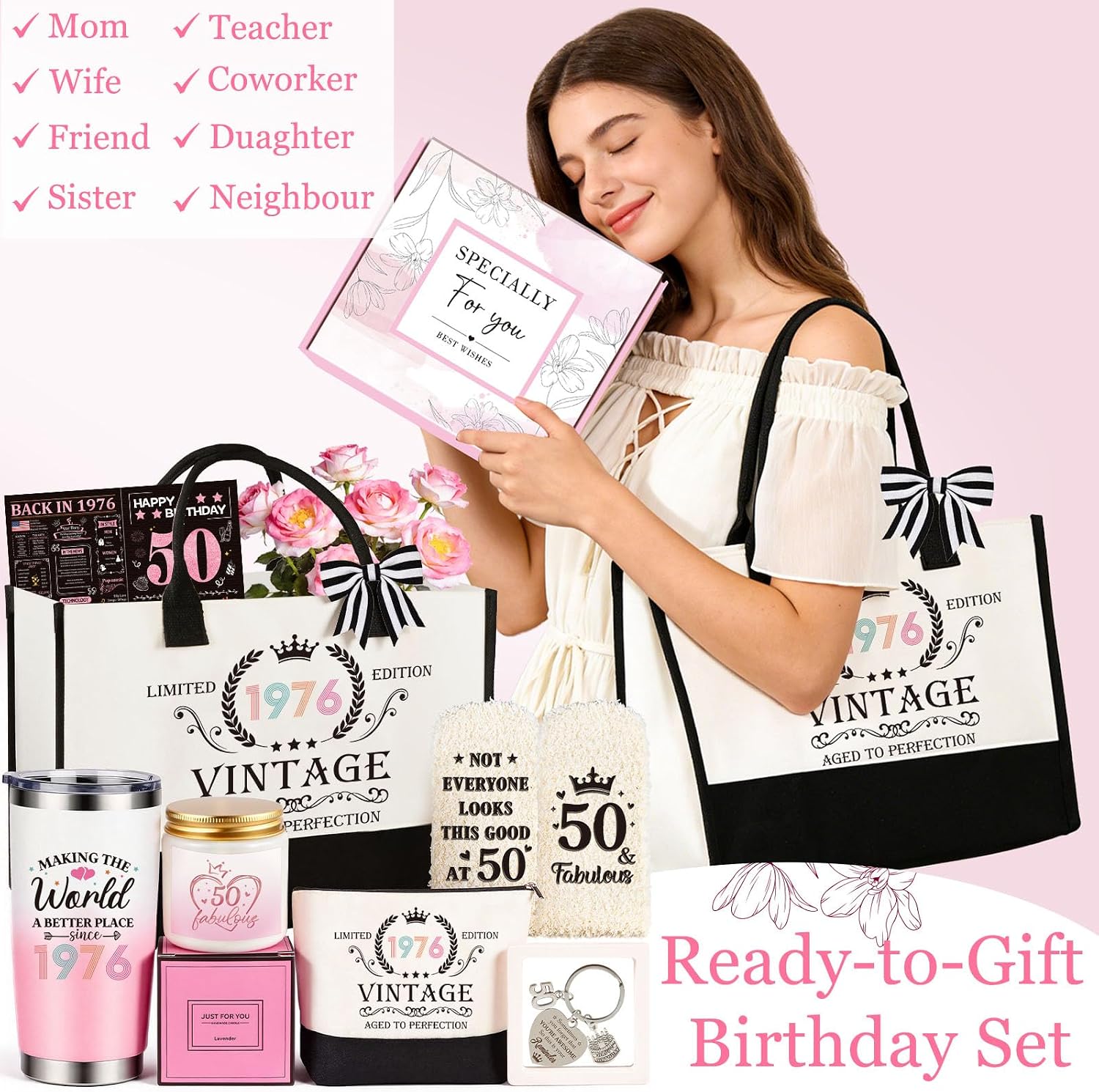 50th Birthday Gifts for Her, Vintage 1976 Happy 50th Birthday Gifts Basket for Women Unique Gift Ideas for 50 Year Old Women Mom, Wife, Sister, Friend, Colleague Funny Bthday Gift Turning 50 Year Old image 2
