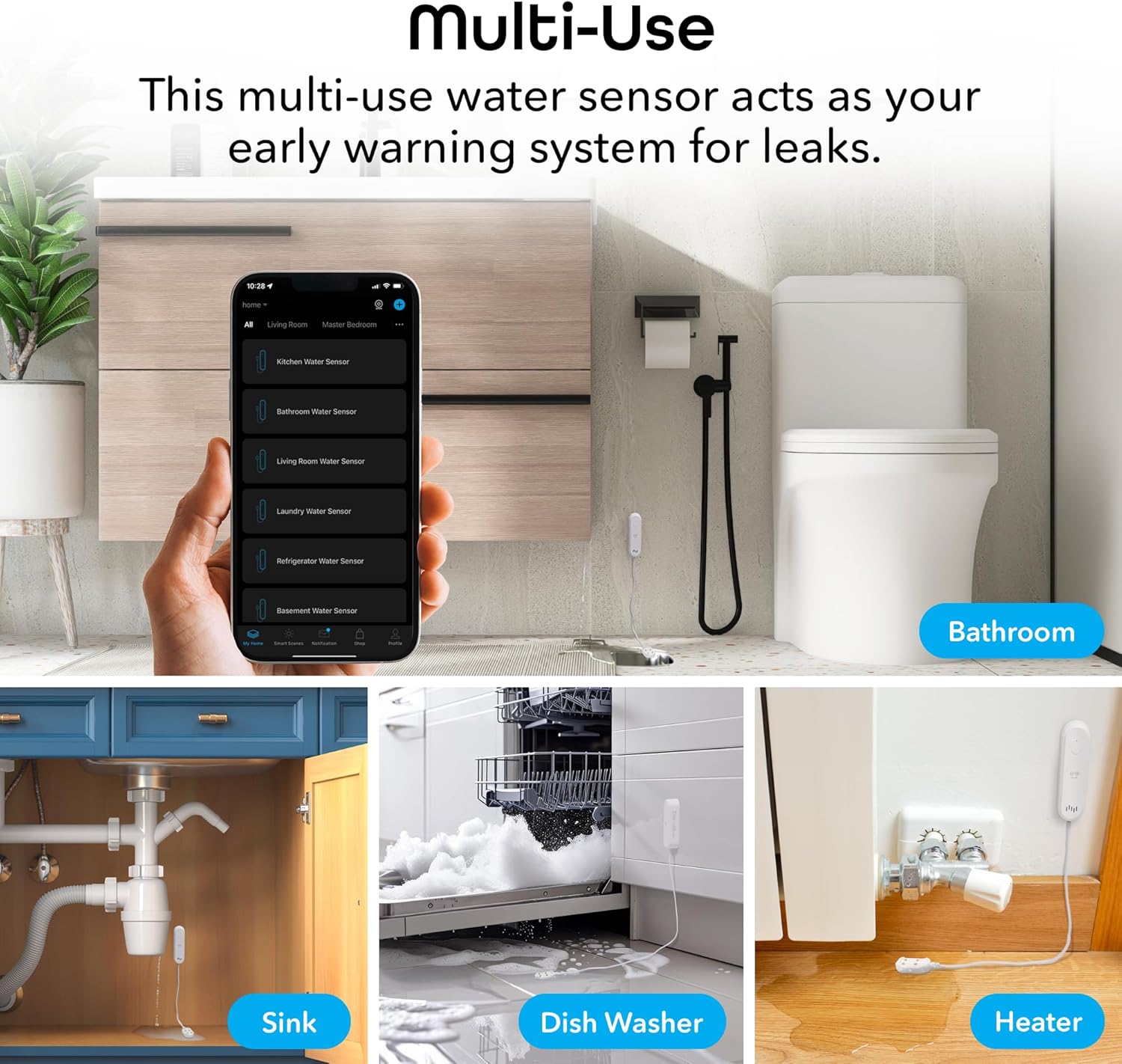 Image showing the Geeni Smart Water Alarm Leak Detector with icons representing its key features: Instant Leak Detection, Real-Time Alerts, Built-in Alarm, Monitor from Anywhere, Smart Home Integration, Low Battery Alert, 5-Min Setup, and 24/7 Peace of Mind.