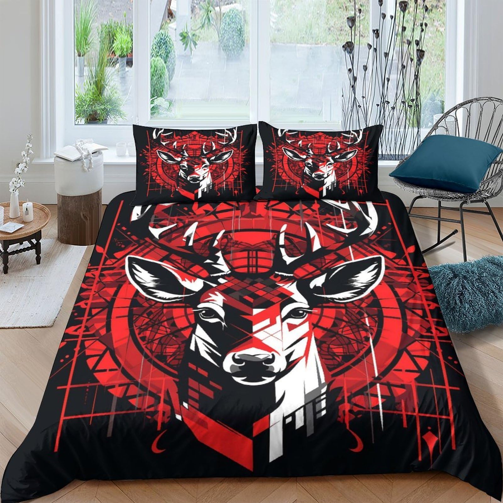 Ctjqhvkz Style-10 3D Printed Red Deer Fitted Sheet Microfiber Black Abstract Animal Bed Cover Non-Slip Protection For Bedroom Guestroom Single（135X200cm）