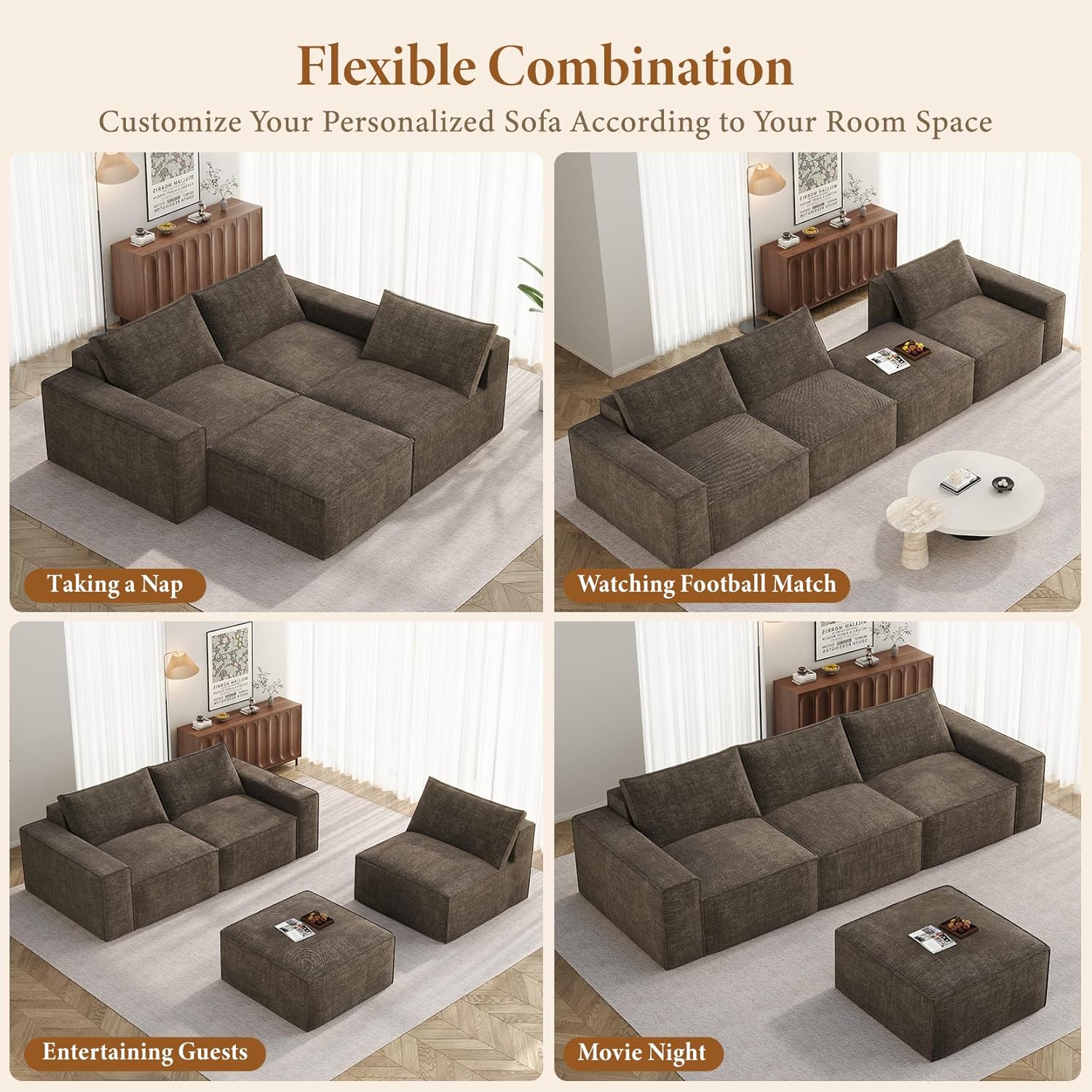 Vesgantti 114" Modular Boneless Couch, Modern 3 Seater Sectional Sofa with Ottoman & Deep Seat, Convertible Chenille L Shaped Cloud Couches for Living Room, No Assembly Required, Dark Brown