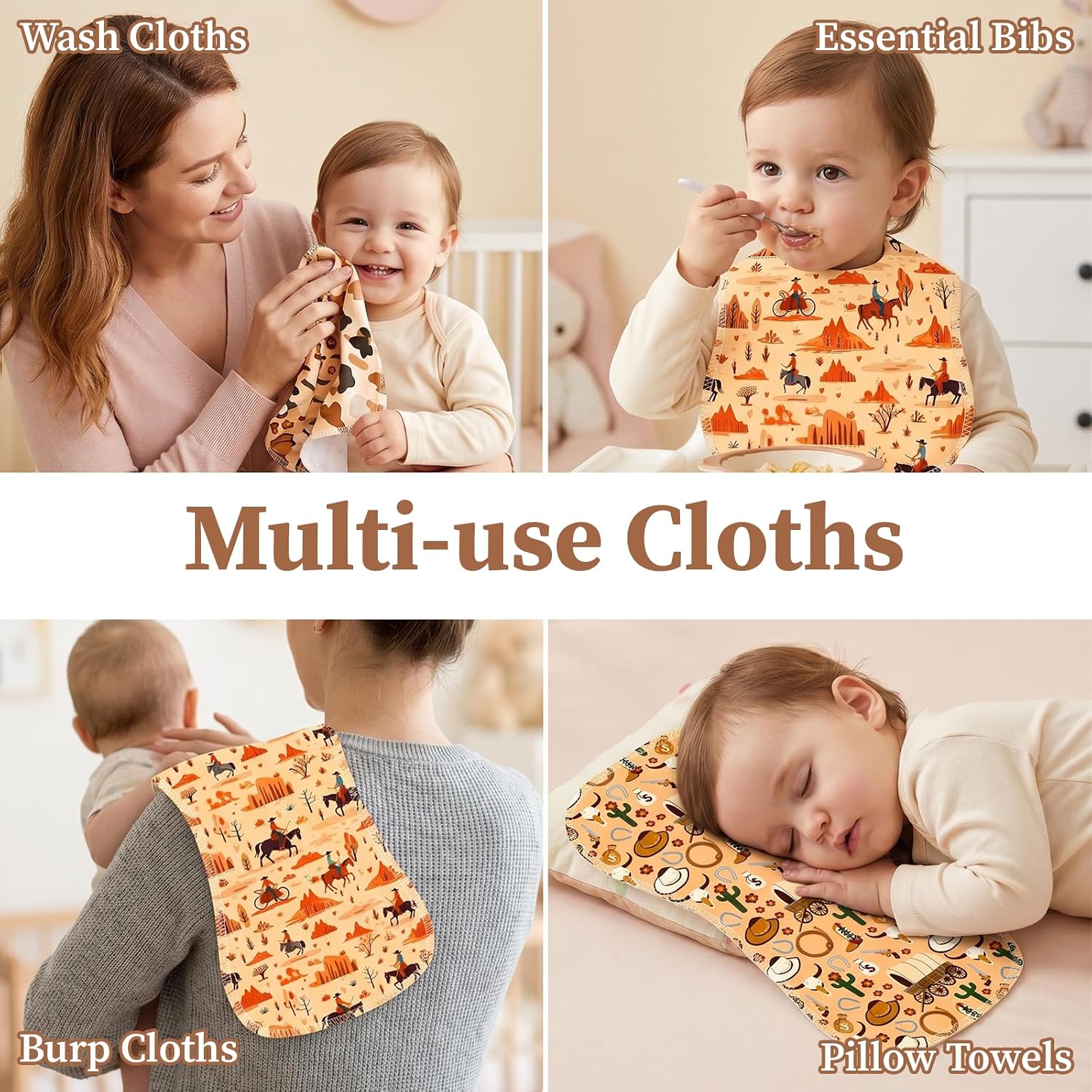 5 Pcs Western Baby Burp Cloths, 19 X 9 Inch Cotton Burping Cloths for Babies With Cowboy Pattern, Newborn Gifts Western Baby Stuff Western Nursery Decor, Soft Absorbent Spit Up Rags Burp Rags