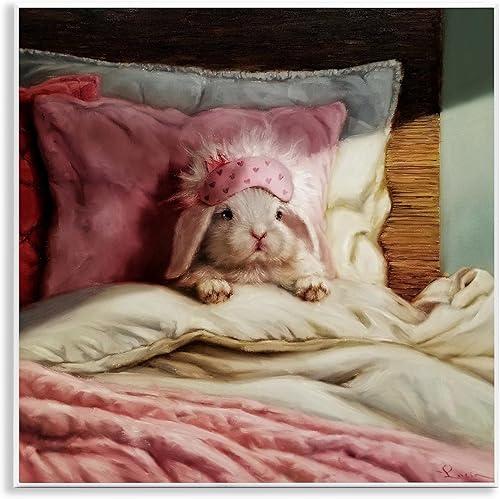 Stupell Industries Placa de pared con diseño de conejo, conejo descansando en la cama, color rosa hueso, diseñada por Lucia Heffernan, 12 x 12