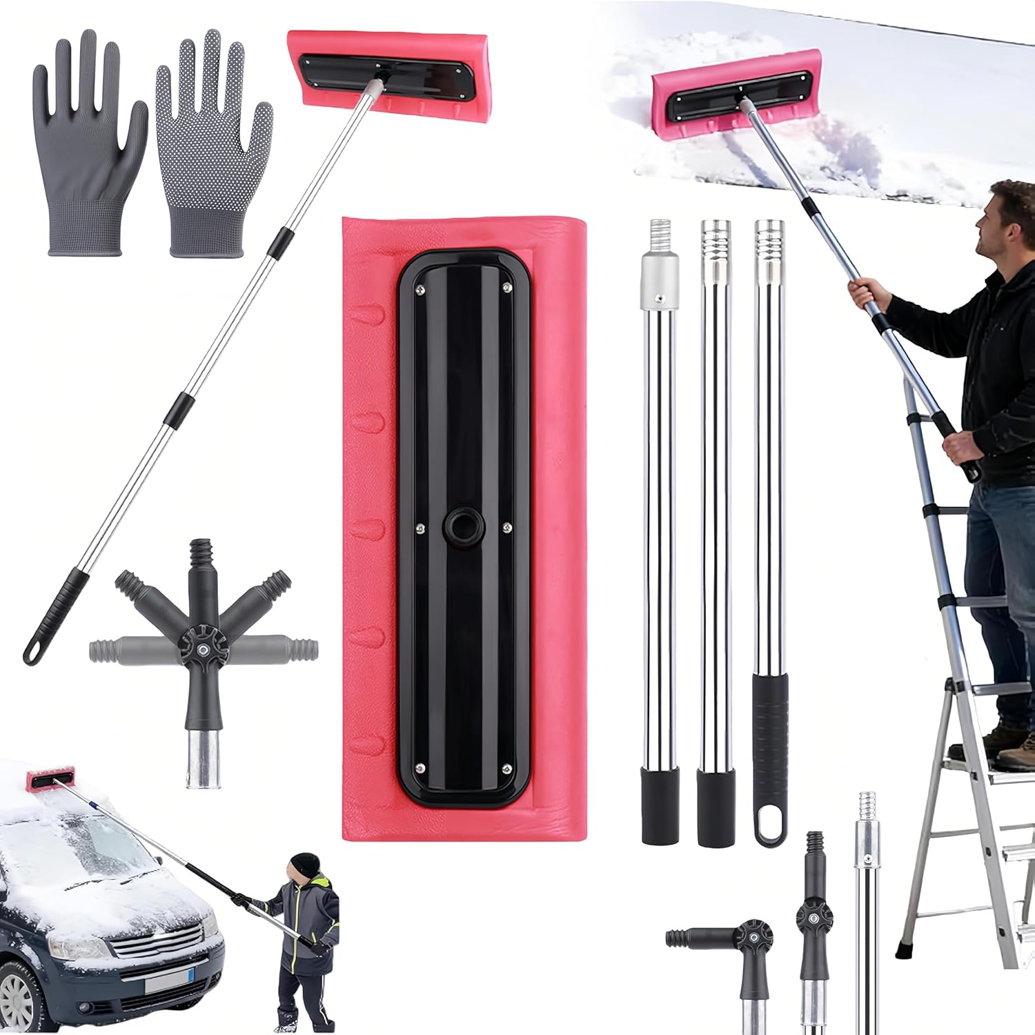 Adjustable Telescoping Snow Roof Rake(47-157in), Roof Snow Rake Removal Tool Set, Roof Rakes for Snow, EVA Push Plate Stainless Steel Telescopic Pole, for Roof Car Outdoor Snow Cleaning (4m/157in)