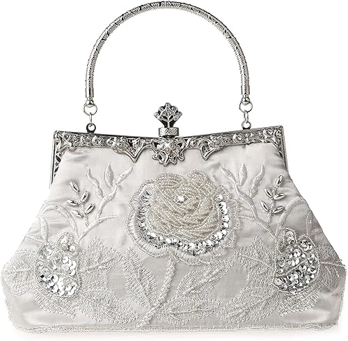 Vista 19 de Bolso de mano de estilo vintage con cuentas florales y strass para mujer, con bordado de lentejuelas, bandolera para novia, boda, fiesta