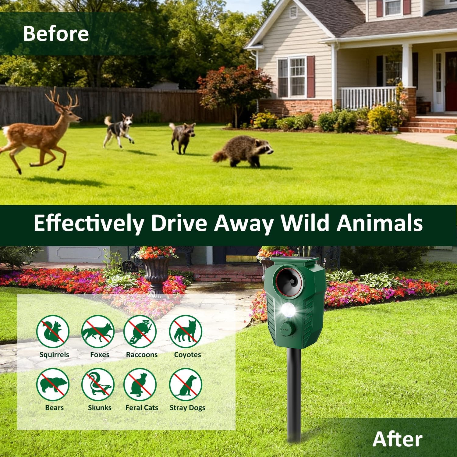 Katzenschreck Ultraschall für Garten, Solar Katzenabwehr mit Bewegungsmelder Sensor & Blitzlicht, IP65 Wasserdicht, Tierabwehr gegen Katzen, Marder, Schlangen, Wühlmäuse, Vögel für Garten, Hof